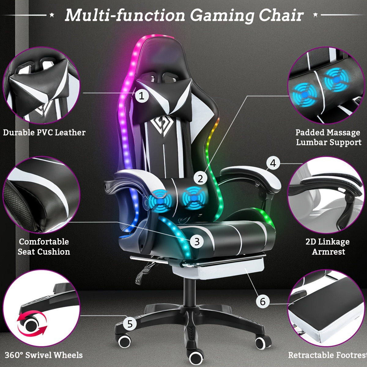 Chair Type: Chaise-lounge
Frame Material: Metal
Filling Material: Sponge
Back Style: Solid
Movement Type: Rotating
Operation Instruction: Wipe Clean
Seat Recliner Operation Mode: Manual
Surface Recommendation: Other
Seat/Recliner Adjustment Method: Handle
Power Supply: USB Powered
Color: Blue + Black