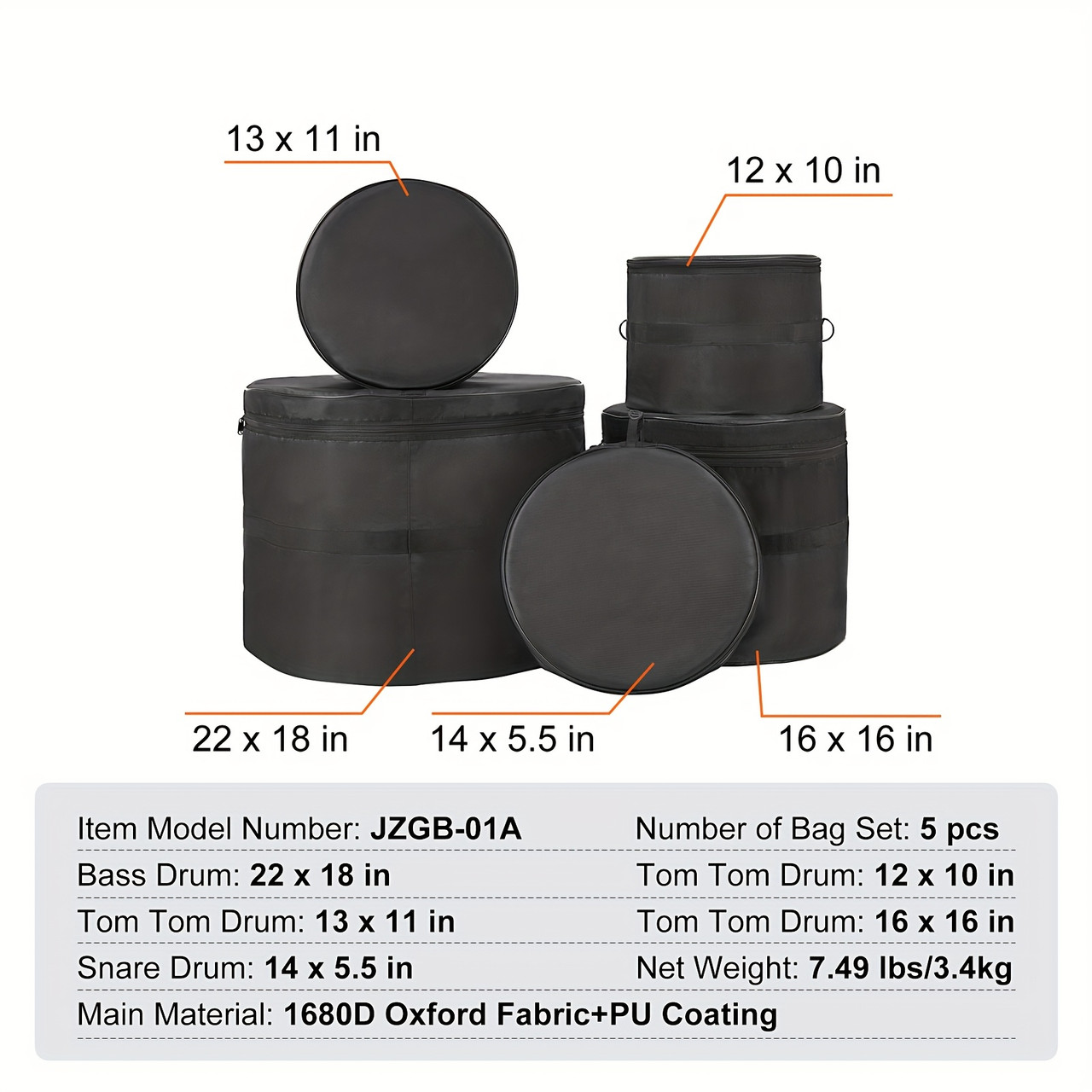 5pcs Drum Bag Kit, Durable 1680D Oxford Material, Cushioned Cases with 1.5m Removable Shoulder Strap And Carry Handles, Collapsible, Fits 22'' Bass, 12''/13''/16'' Toms Black