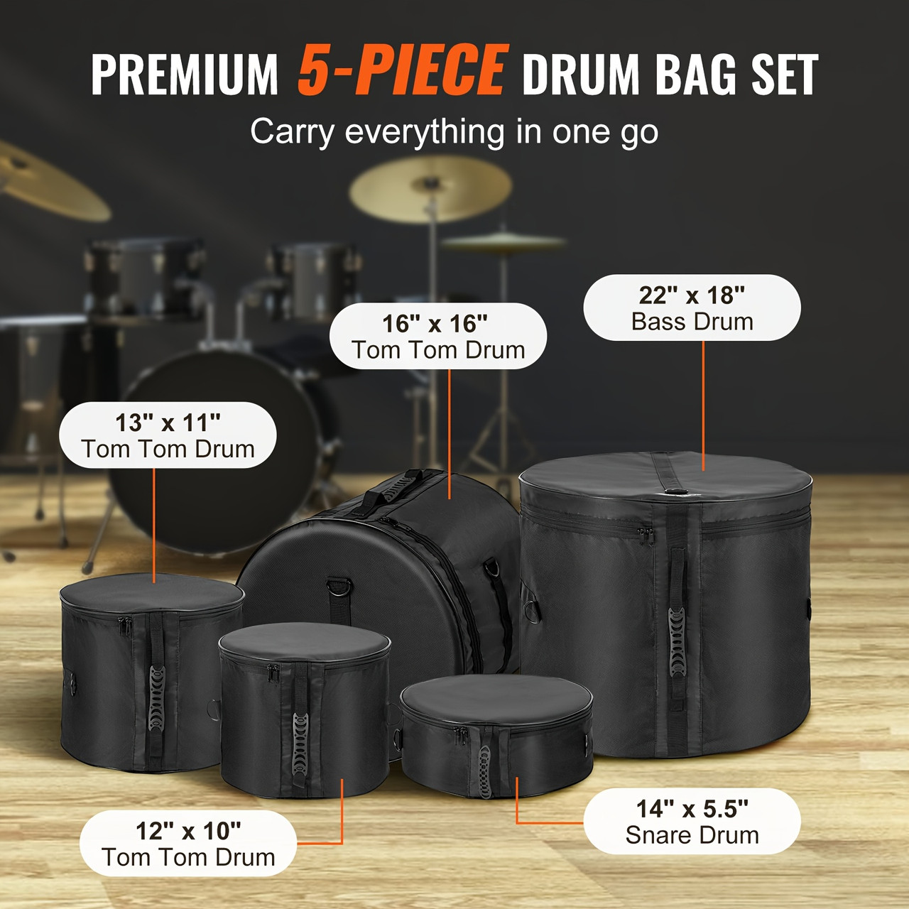 5pcs Drum Bag Kit, Durable 1680D Oxford Material, Cushioned Cases with 1.5m Removable Shoulder Strap And Carry Handles, Collapsible, Fits 22'' Bass, 12''/13''/16'' Toms Black