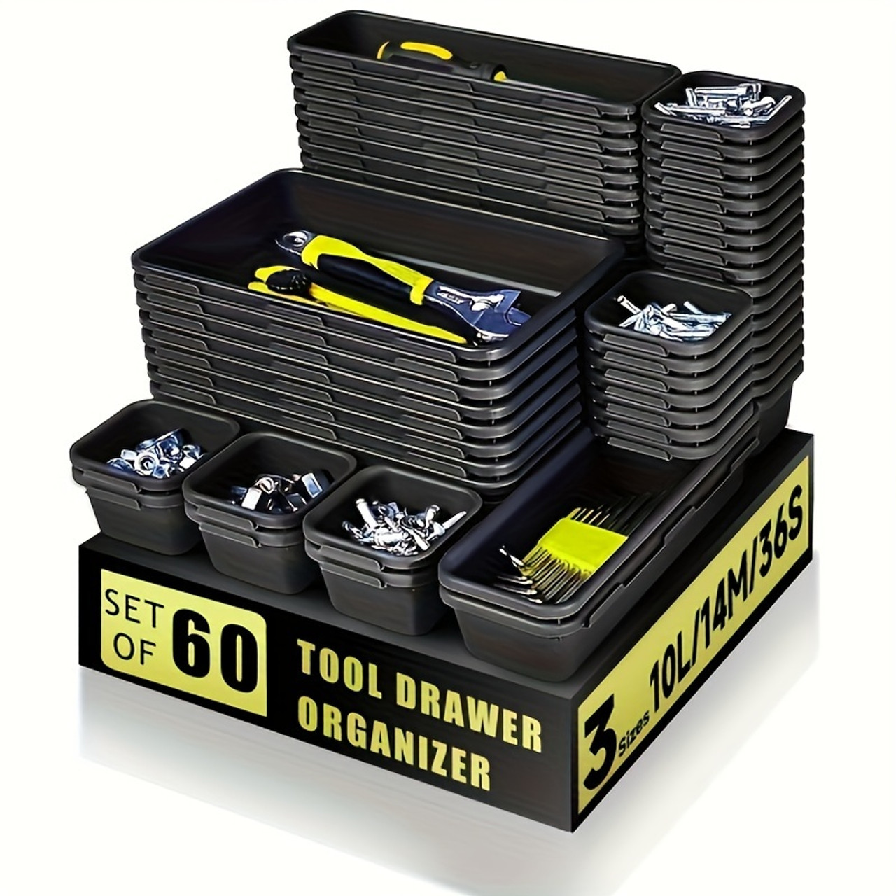 60pcs Set Plastic Tool Drawer Organizer Trays With 36 Compartments, Stackable Storage For Tools & Parts, Versatile Design Black