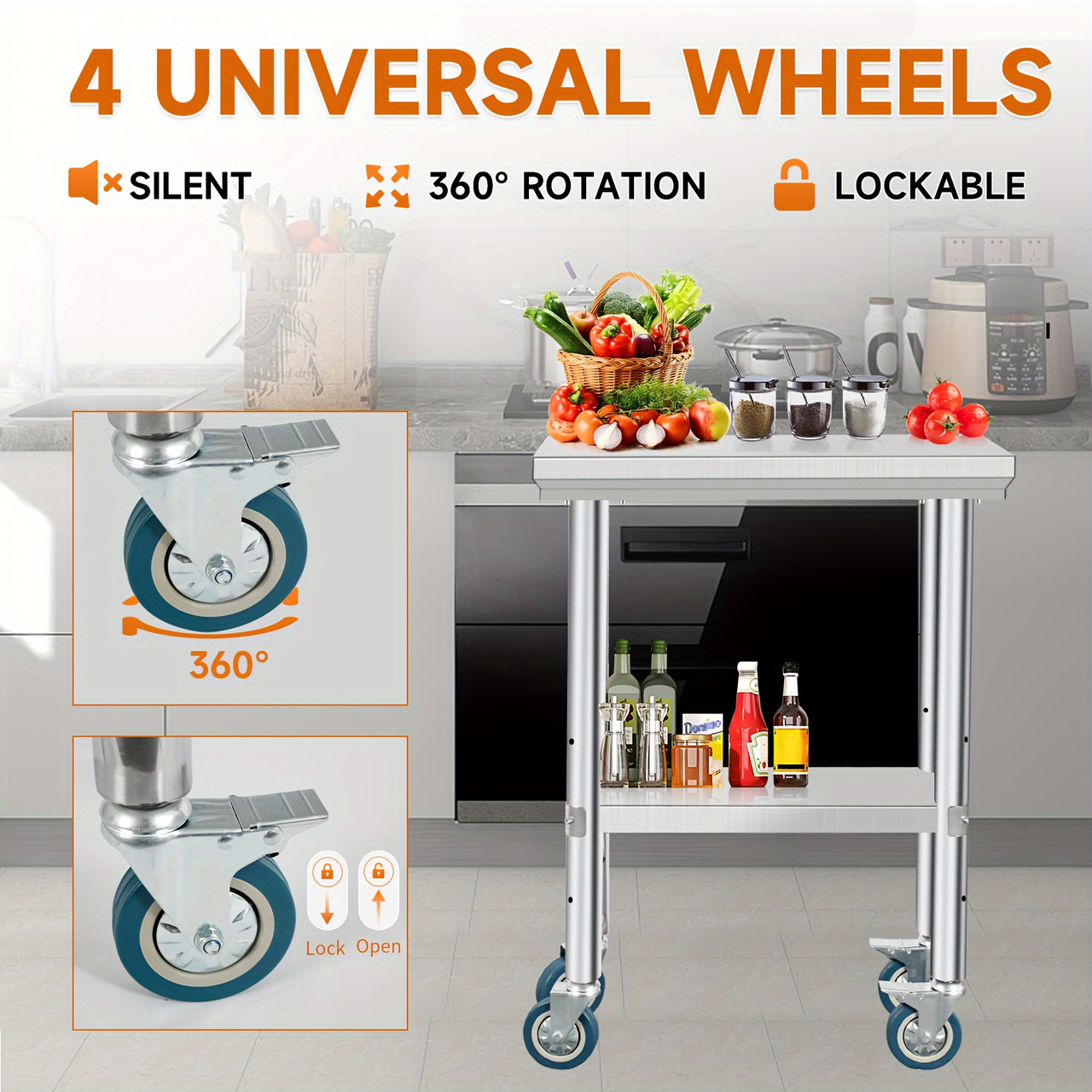Stainless Steel Prep Table Heavy Duty 241232 Inch Stainless Steel Prep Table With 4 Casters - Commercial Kitchen Restaurant Business Food Worktable