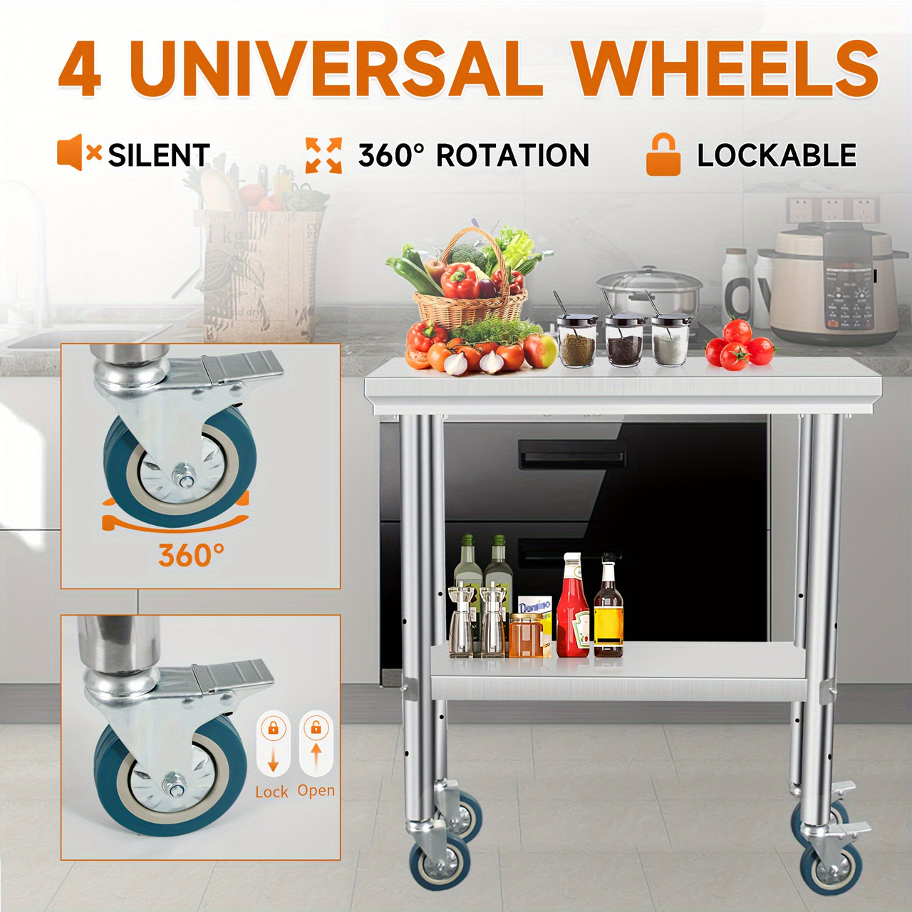 Stainless Steel Prep Table Heavy Duty 30Ã—12Ã—34 Inch Stainless Steel Prep Table With 4 Casters - Commercial Kitchen Restaurant Business Food Worktable
