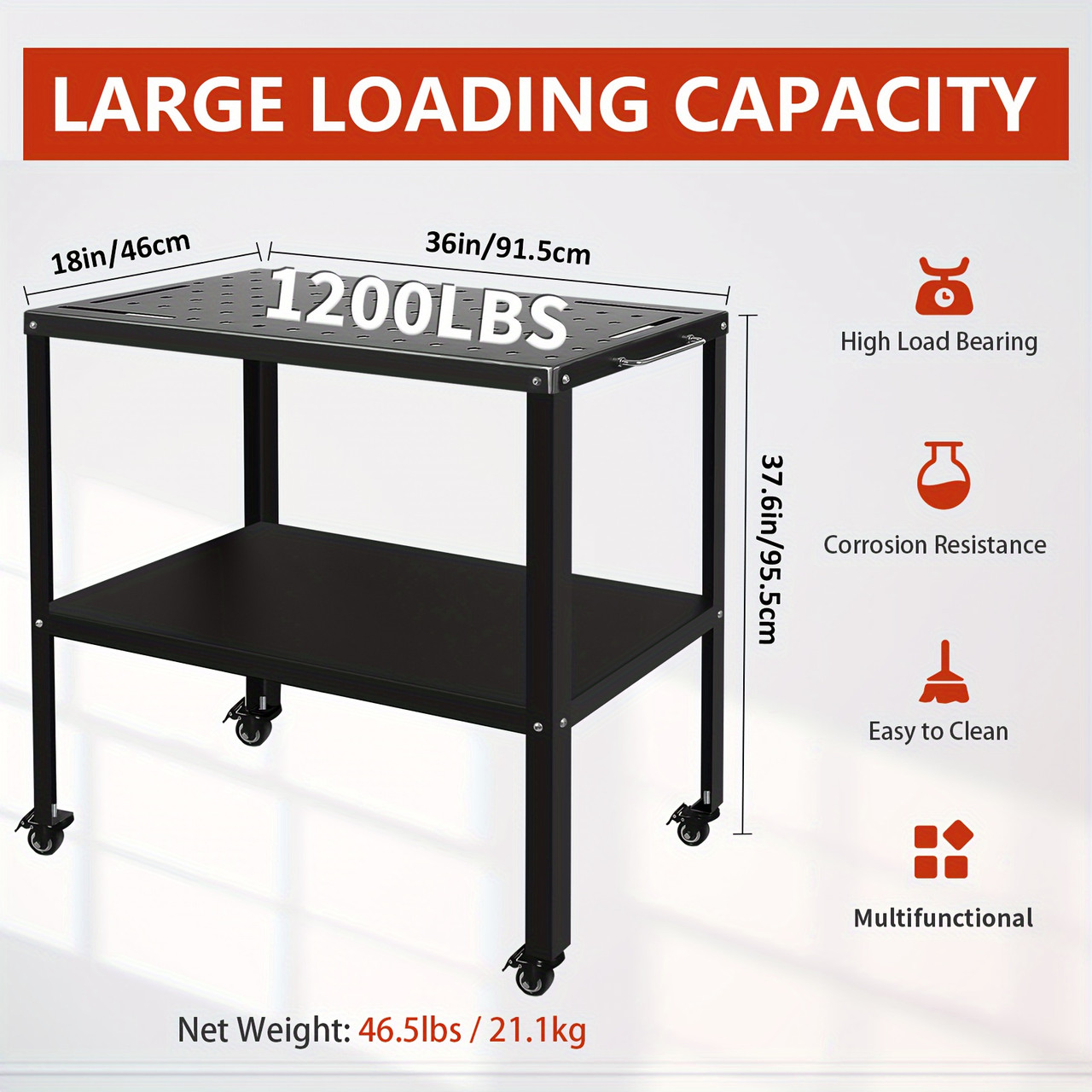 Welding Table Welding Cart 36"18", 1200lbs Load Capacity Industrial Workbench With 5/8" Holes Fixture Table With Wheels Orange