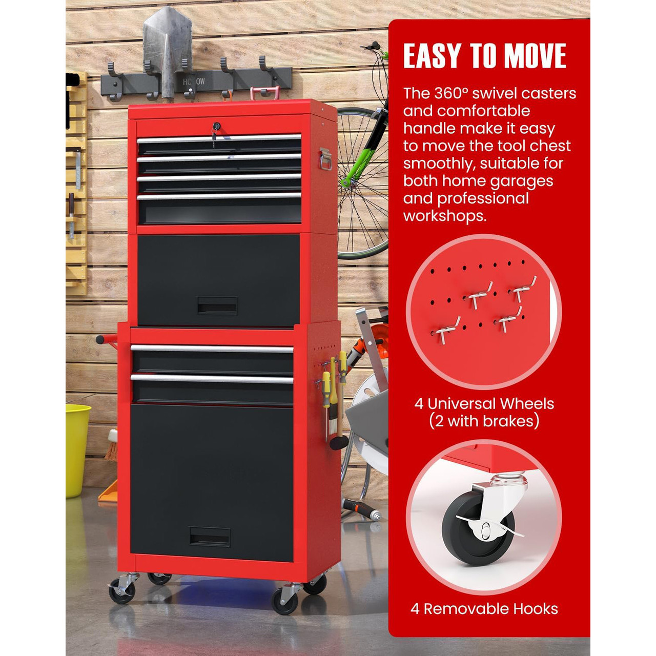 6-Drawer Tool Chest, Multifunctional Detachable Tool Chest, 3-in-1 Rolling Tool Storage Cabinet with Auto Locking System & Lockable Wheels & Detachable Top for Garage Workshop Red