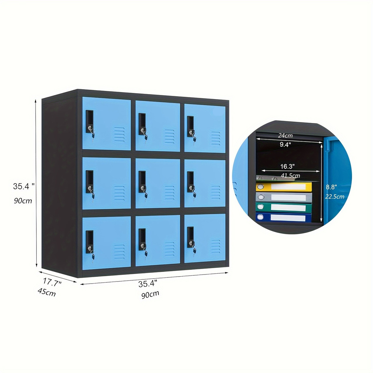 9 Door Storage Locker for Employee, Metal Locker for Office, Gym, School, Lockable Black Steel Locker with Lock and Card Slot for Home, Garage Color Blue