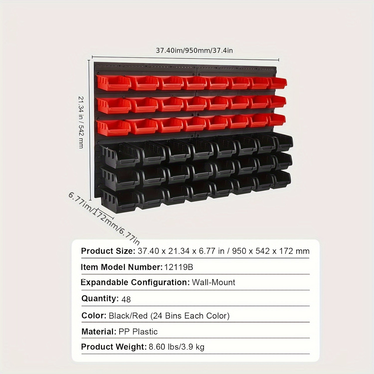 48-Bin Wall-Mounted Storage Rack in Red & Black - Durable Plastic Organizer for Garage & Workshop - Ideal for Screws, Nuts, Bolts, Beads & Small Tools with Labels Color: Red & Black