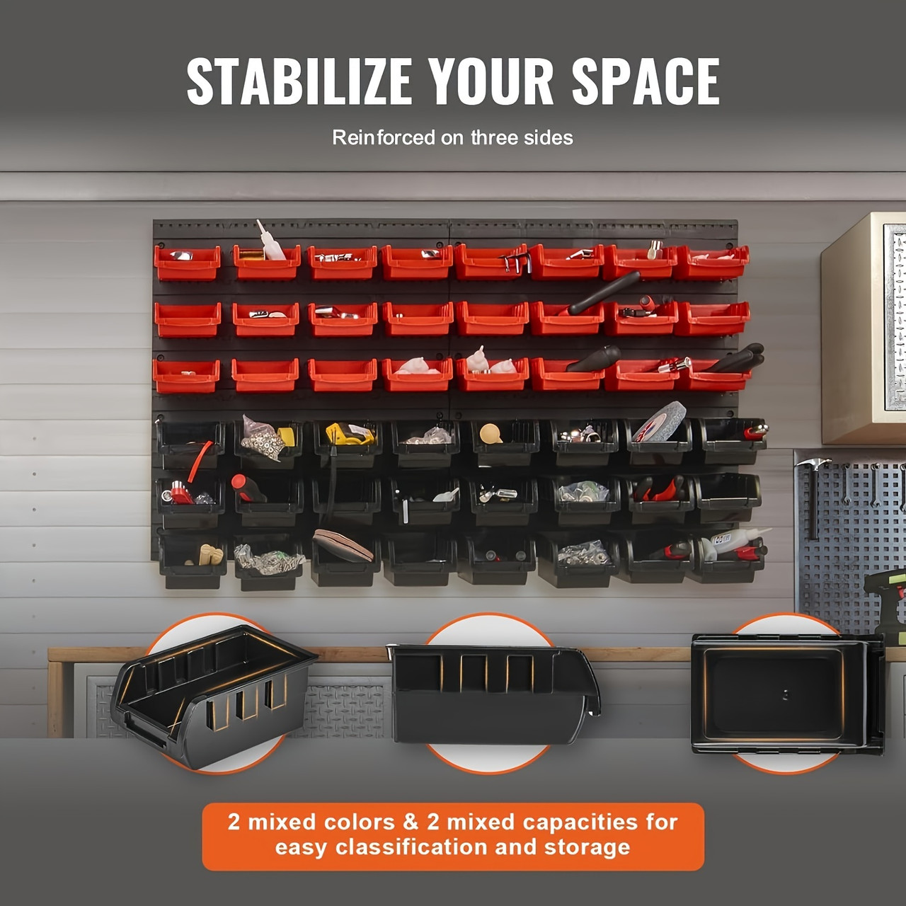 48-Bin Wall-Mounted Storage Rack in Red & Black - Durable Plastic Organizer for Garage & Workshop - Ideal for Screws, Nuts, Bolts, Beads & Small Tools with Labels Color: Red & Black