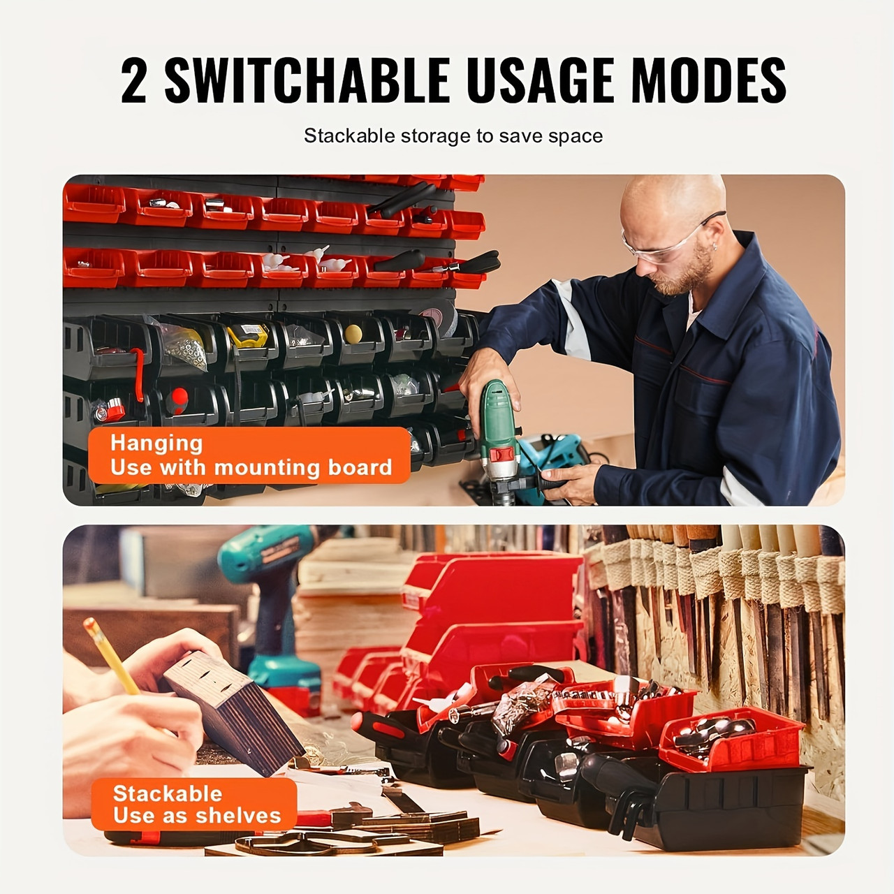 48-Bin Wall-Mounted Storage Rack in Red & Black - Durable Plastic Organizer for Garage & Workshop - Ideal for Screws, Nuts, Bolts, Beads & Small Tools with Labels Color: Red & Black