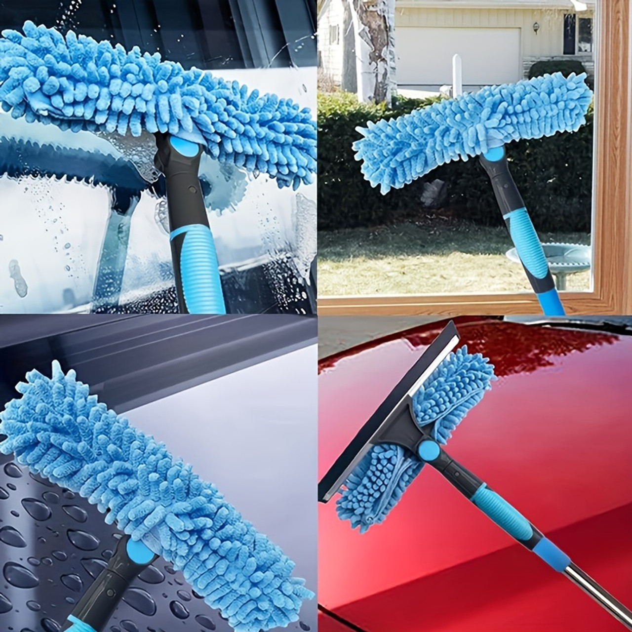 1 Set, 2in 1 Window Cleaning Brush And Scraper Set with Telescopic Pole, Reusable Hardness Brush, High Reach Outdoor And Glass Cleaning Tools, Contains Multiple Parts And Machine Washable Flannel Cloth, Christmas Gift, Halloween Gift, Blue Color