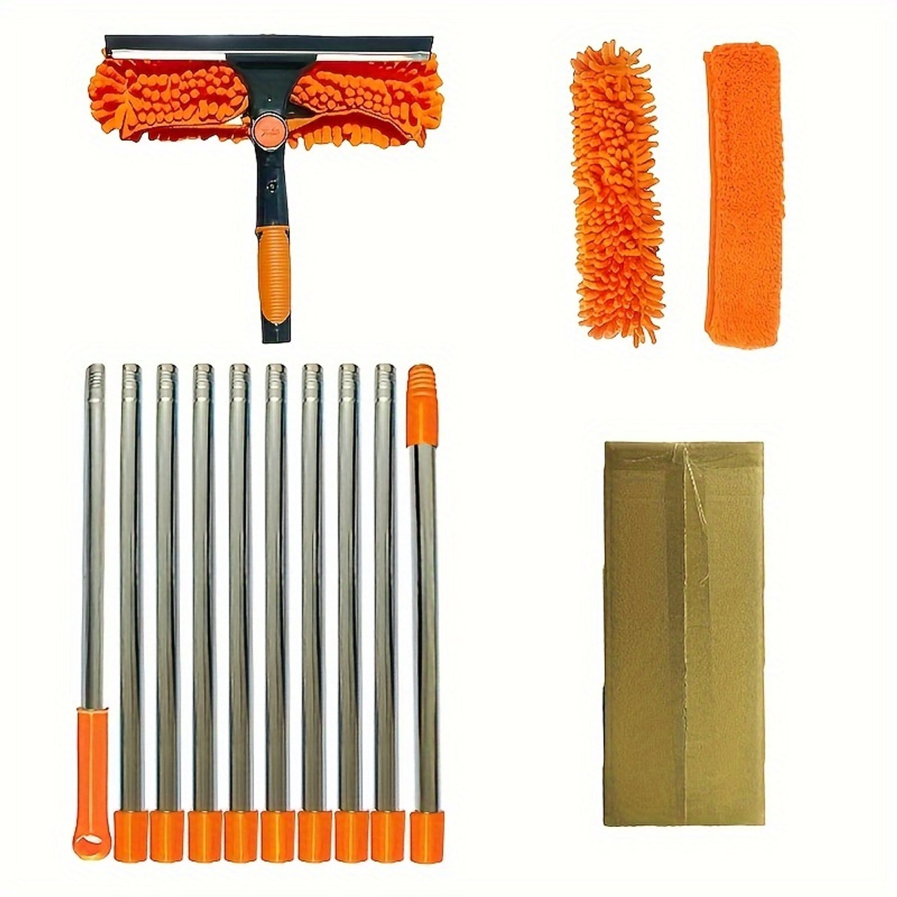 1 Set, 2in 1 Window Cleaning Brush And Scraper Set with Telescopic Pole, Reusable Hardness Brush, High Reach Outdoor And Glass Cleaning Tools, Contains Multiple Parts And Machine Washable Flannel Cloth, Christmas Gift, Halloween Gift Orange