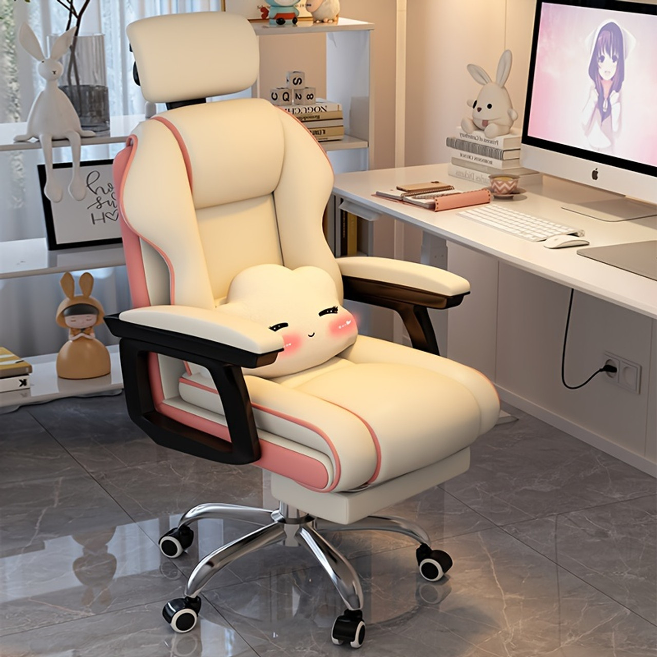 Comfortable And Durable Computer Chair Multi-functional Back Recliner Gaming E-sports Chair Office Nap Office Chair White and Pink Color