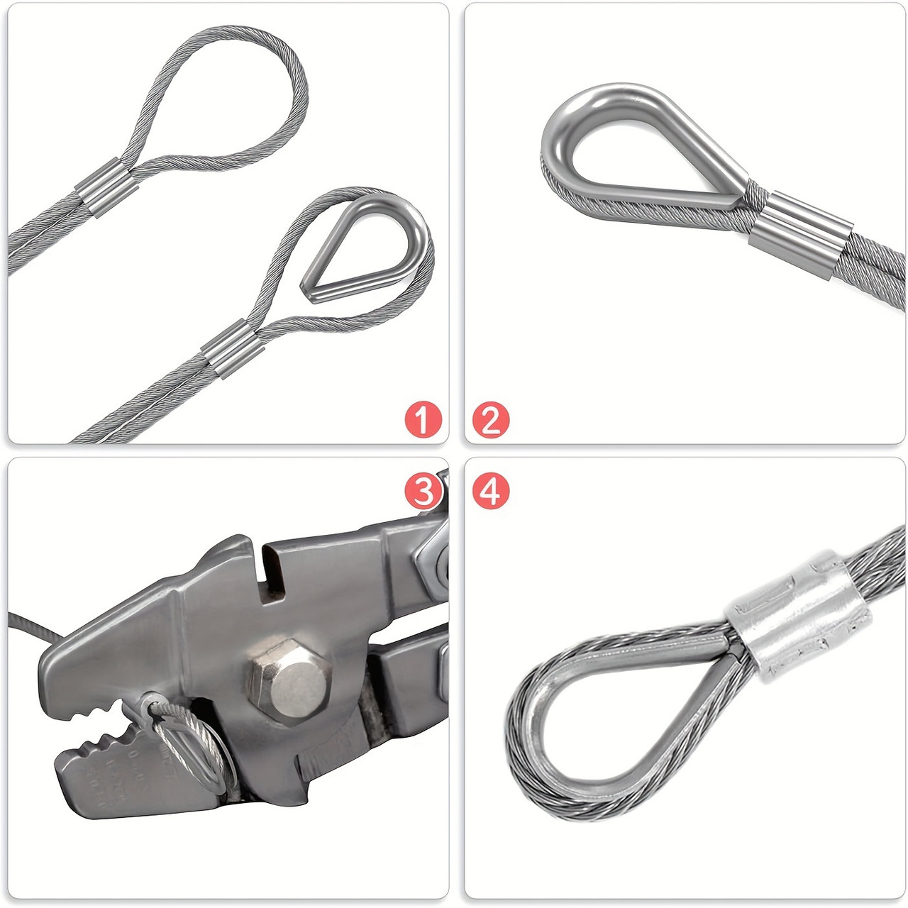304 Stainless Steel Wire Rope Crimping Kit, 100ft 1/16" Cable with 7x7 Strand Core, Includes 200 Aluminum Crimping Loops and 50 M2 Stainless Steel Thimbles, Corrosion Resistant, High Strength, No Battery Required