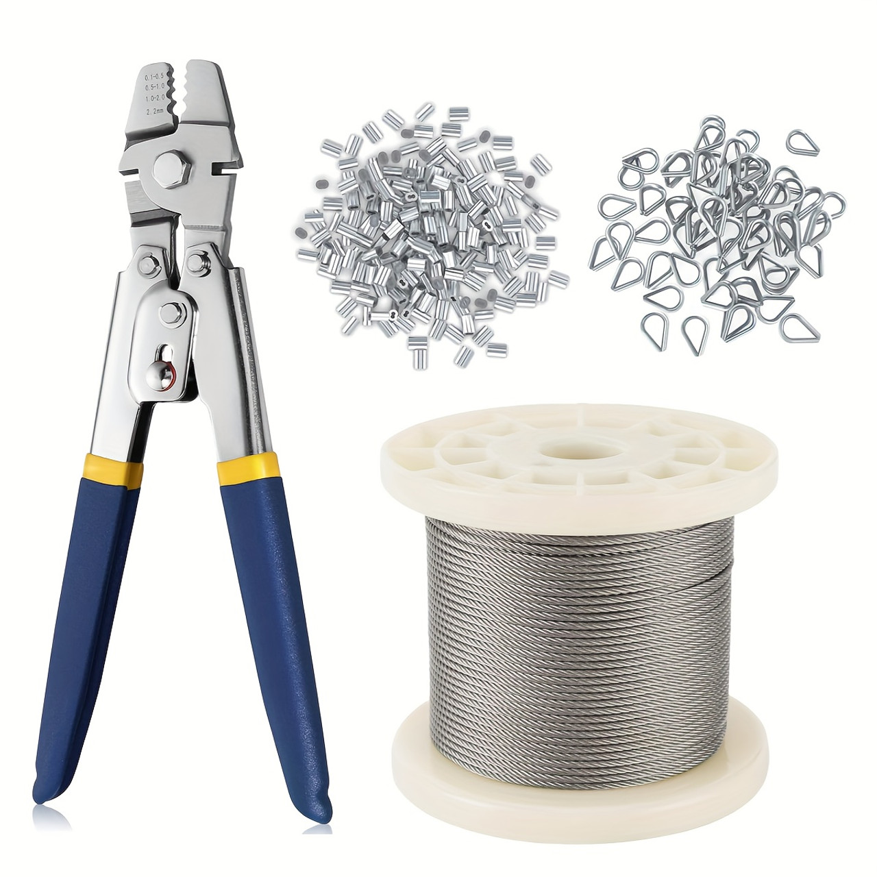 304 Stainless Steel Wire Rope Crimping Kit, 100ft 1/16" Cable with 7x7 Strand Core, Includes 200 Aluminum Crimping Loops and 50 M2 Stainless Steel Thimbles, Corrosion Resistant, High Strength, No Battery Required