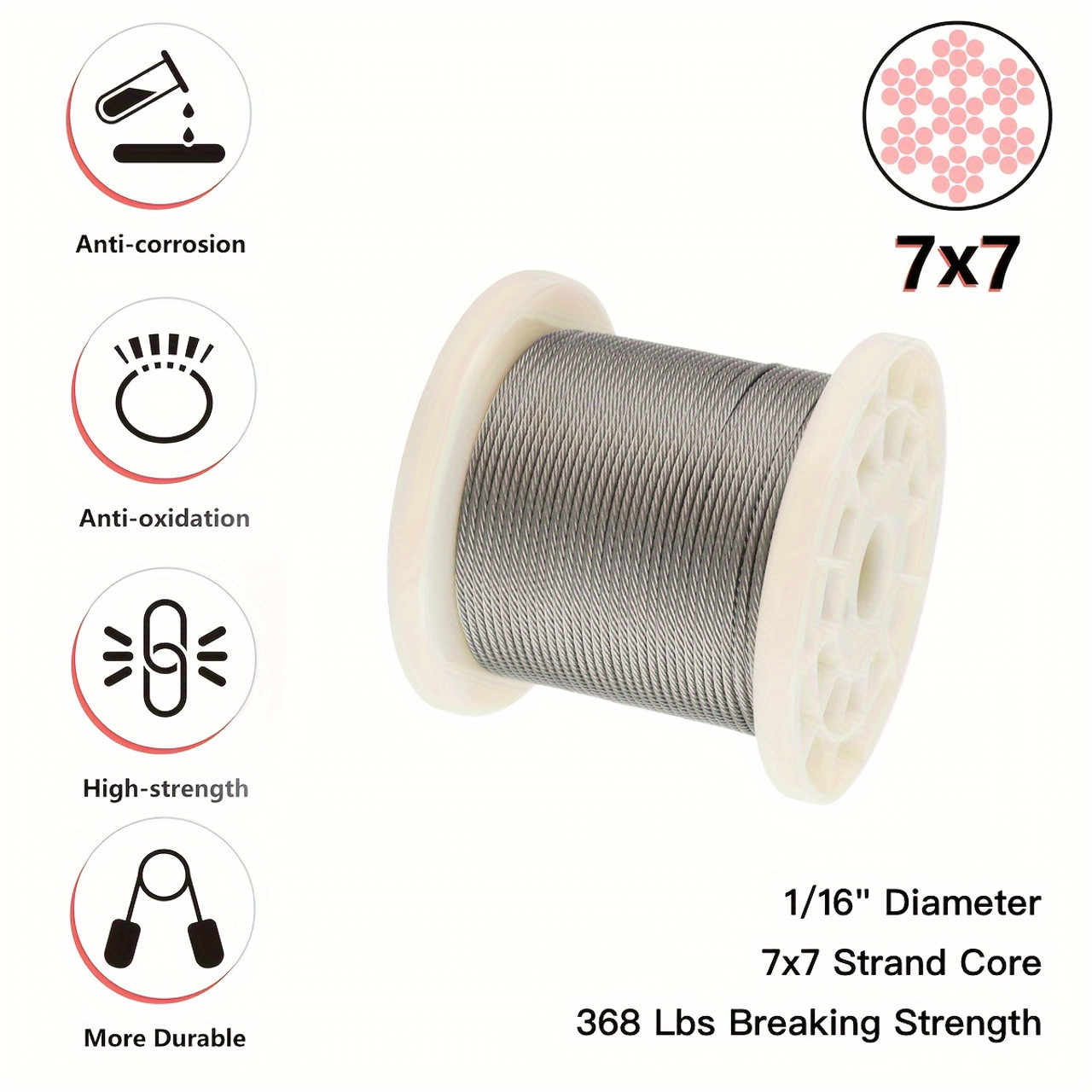 304 Stainless Steel Wire Rope Crimping Kit, 328ft 1/16" Cable with 7x7 Strand Core, Includes 200 Aluminum Crimping Loops and 50 M2 Stainless Steel Thimbles, Corrosion Resistant, High Strength, No Battery Required