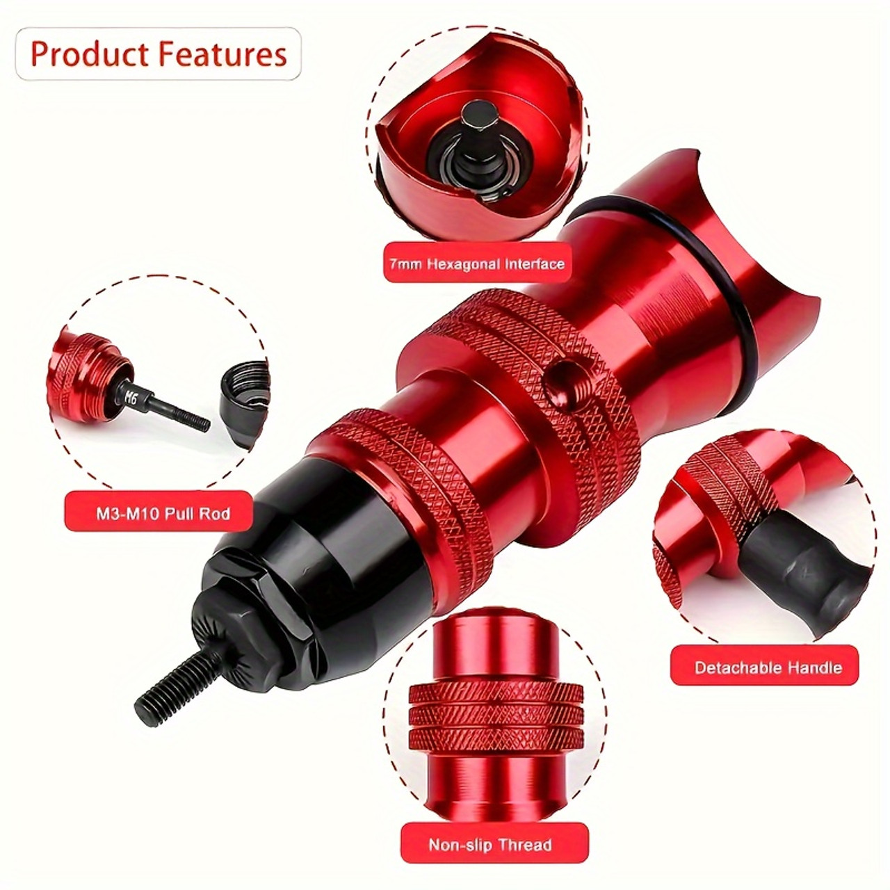 1 Set Red Manual and Pneumatic Nut Gun Tool Kit, Metal Rivet Gun with Clutch, Electric Air Driven Aluminum Rivet Gun Conversion Head, M3-M10 Sizes, No Battery Required