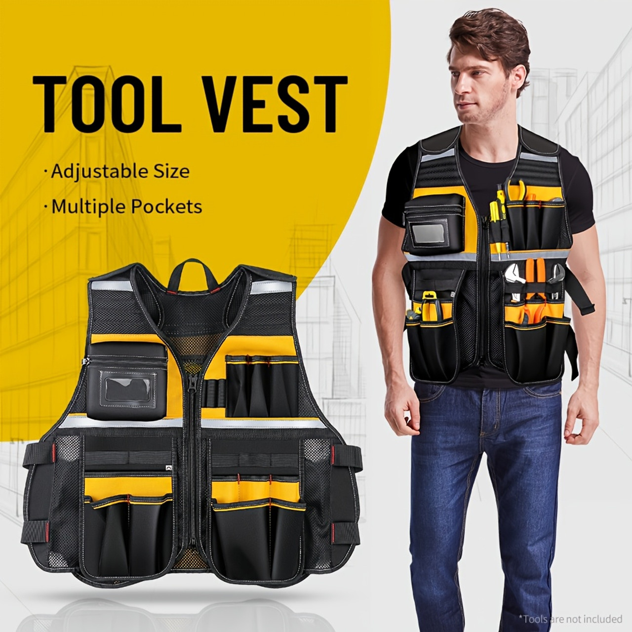 Multi-Functional Work Apron, Electrician Special Maintenance Anti-Scratch Anti-Reflective Construction Safety Vest, Woven Fabric, with Tool Bag