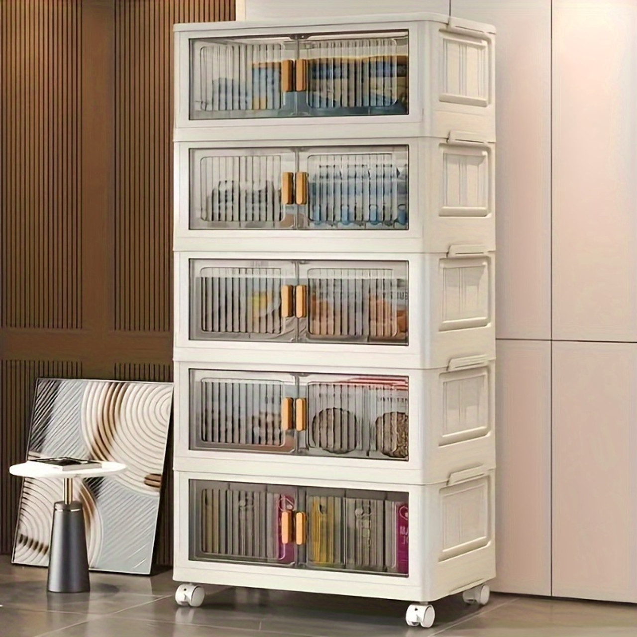 Large Capacity Folding Storage Bin with Dustproof Double Doors - Ideal Versatile Organizer (5 Floors) Transparent Black
