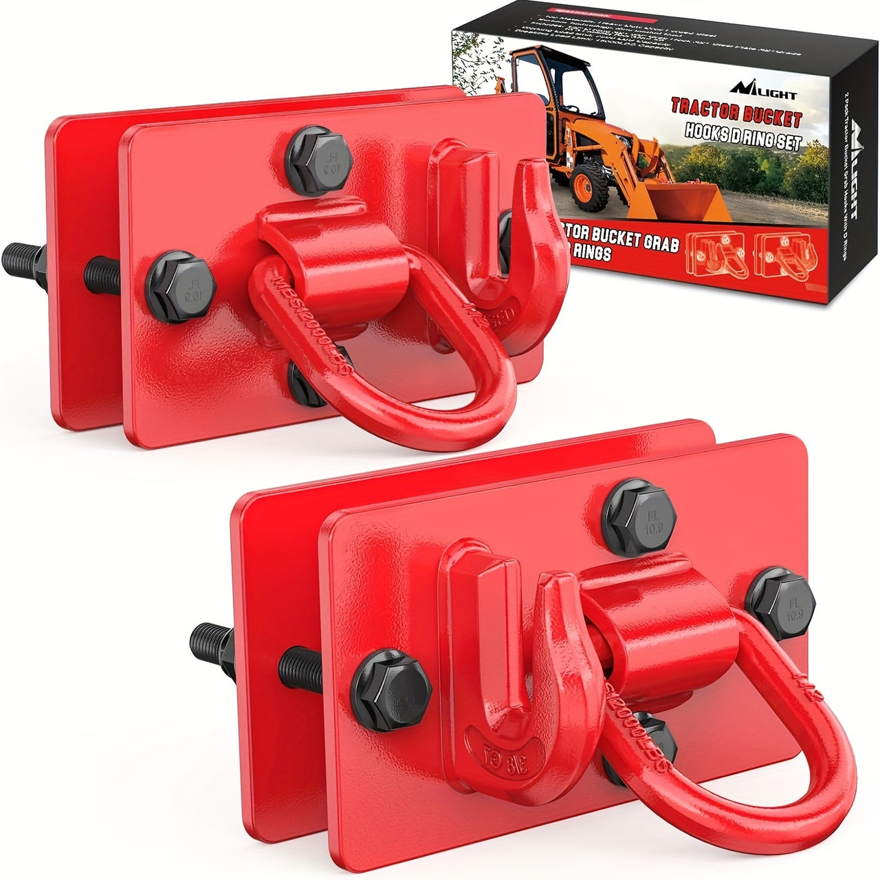 15000 Lbs Grade 70 Forged Steel 2PCS Tractor Bucket Hooks With Tie Down Ring and Back Plates for Tractor Bucket RV UTV Truck MBS Color Aluminium Red