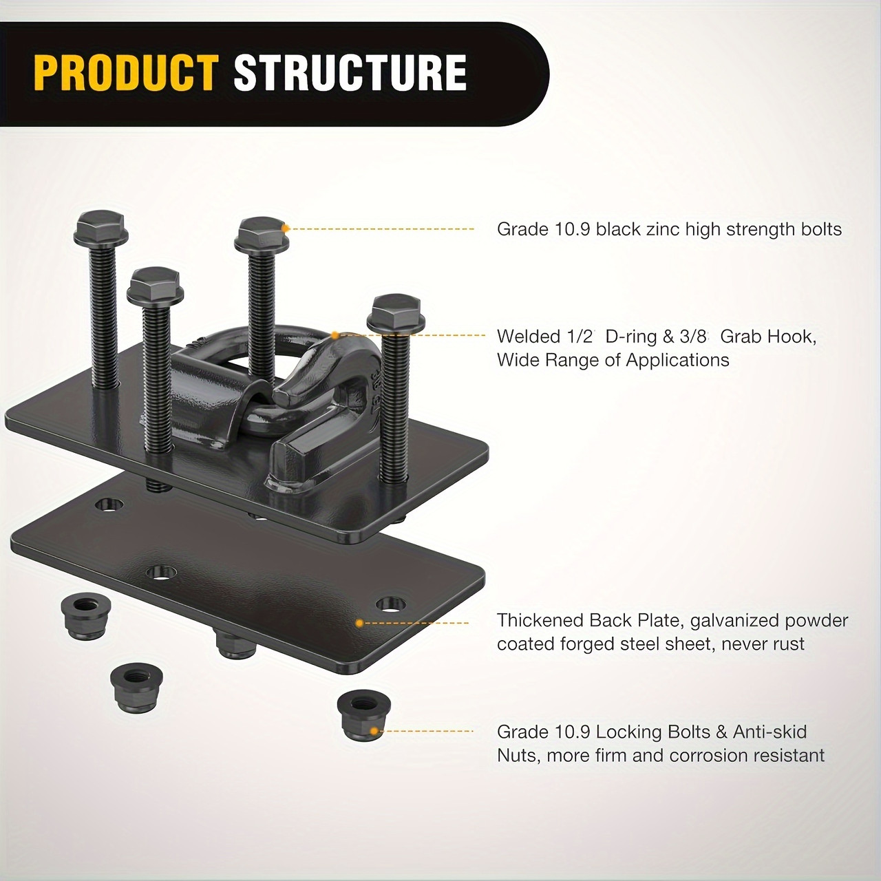 15000 Lbs Grade 70 Forged Steel 2PCS Tractor Bucket Hooks With Tie Down Ring and Back Plates for Tractor Bucket RV UTV Truck MBS  Color Aluminium Black