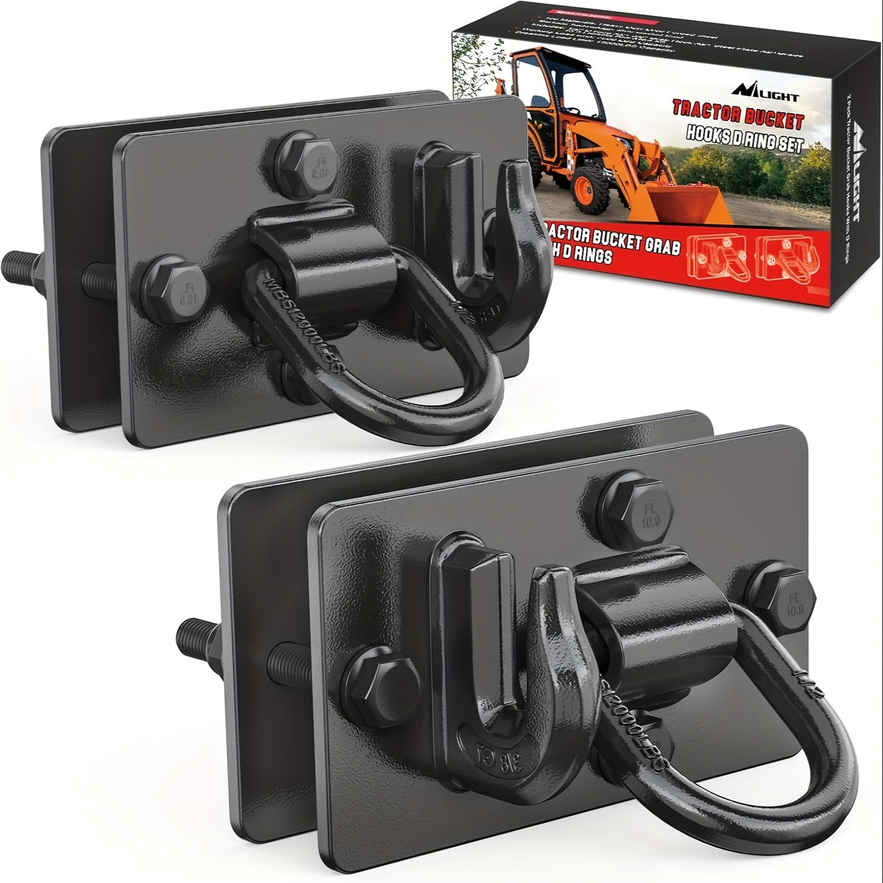 15000 Lbs Grade 70 Forged Steel 2PCS Tractor Bucket Hooks With Tie Down Ring and Back Plates for Tractor Bucket RV UTV Truck MBS  Color Aluminium Black