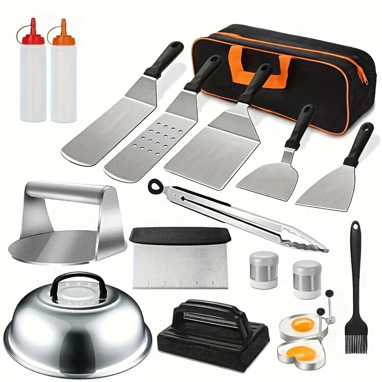 18pcs Flat Top Grill Accessories Set, Stainless Steel, with Spatula Set, Baking Cover, for Blackstone, Camp Chef, Outdoor Cooking