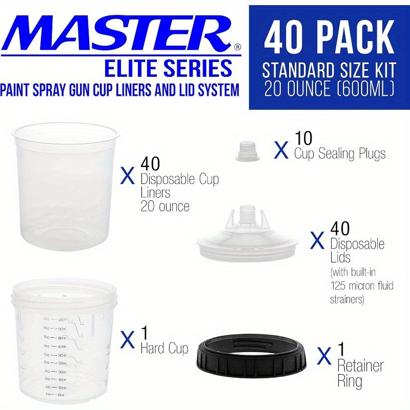 Disposable Spray Gun Cup Liner and Lid System, 40pcs Set Standard Size  - 40 Cup Liners, 40 Filtered Lids, 1 Hard Cup with Retention Ring, 10 Plugs 27 Ounce Cup Kit