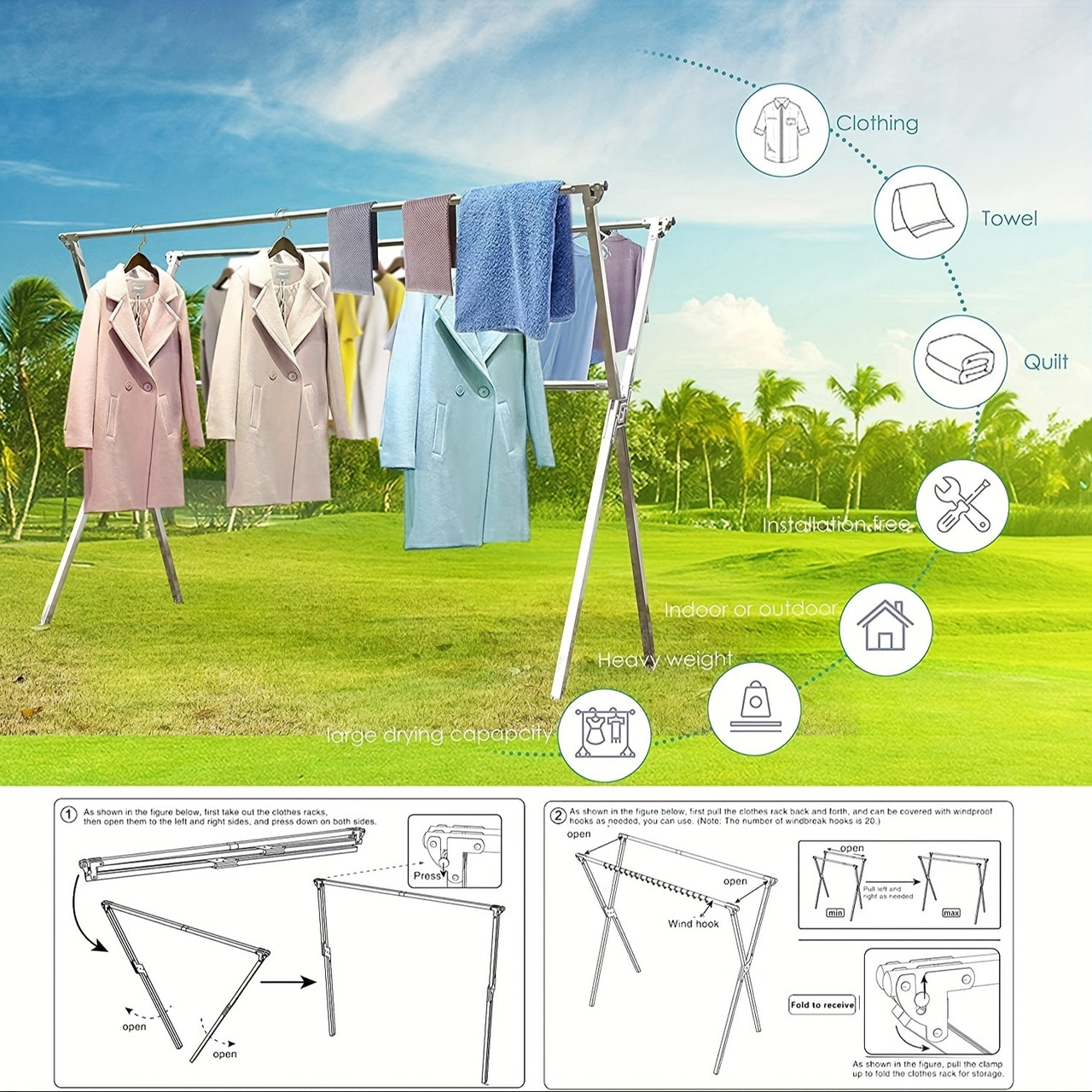 Clothes Drying Rack 78.7 Inches Folding Outdoor Indoor, Drying Rack Clothing Collapsible, Foldable Laundry Drying Rack, Heavy Duty Stainless Steel Clothesline, Drying Racks Clothes Drying Rack 78.7 Inches Folding Outdoor Indoor, Drying Rack Clothing Collapsible, Foldable Laundry Drying Rack, Heavy Duty Stainless Steel Clothesline, Drying Racks