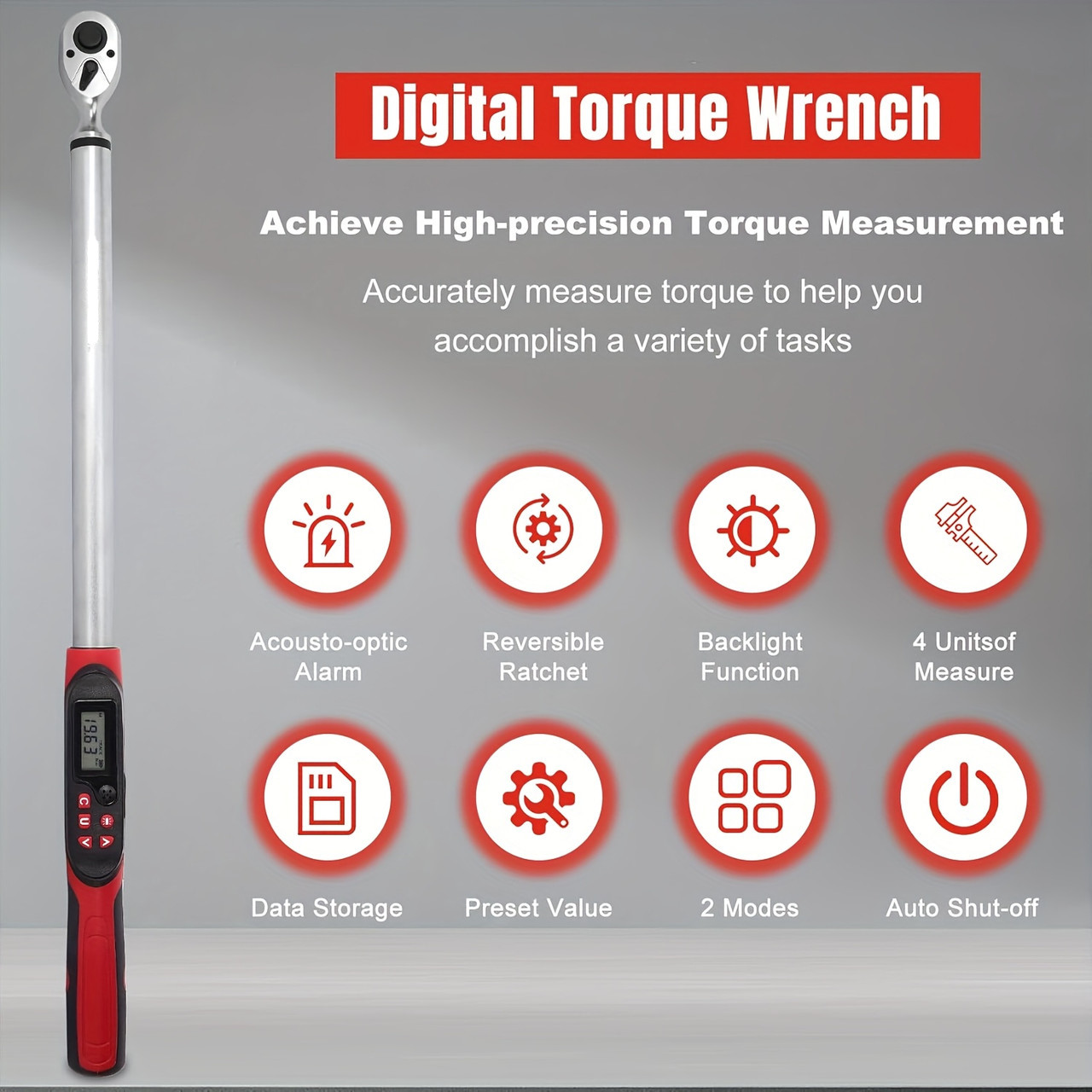 3/8-inch Drive Digital Torque Spanner 5.02-99.57 Ft-lb (6.8-135 Nm) Electric Torque Spanner With Buzzer And LED, Preset And Stored Data For Bike/motorcycle/auto Repairs, Accuracy 2, CR-V Steel.