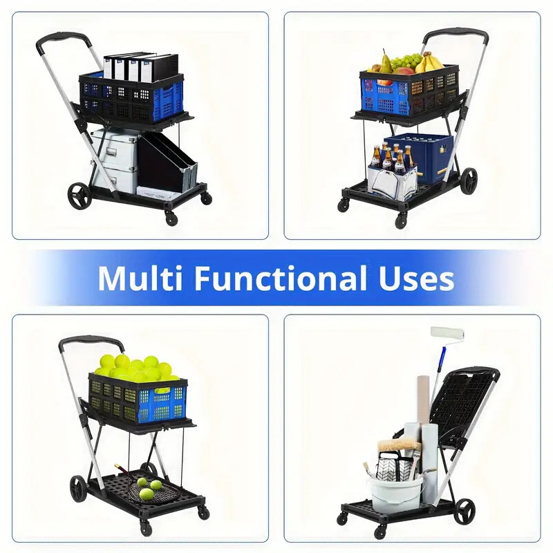 200 lbs Capacious 2-Layer Folding Shopping Cart with Wheels â€“ Collapsible Storage Wagon for Groceries, Sturdy Hand Truck for Everyday Hauling