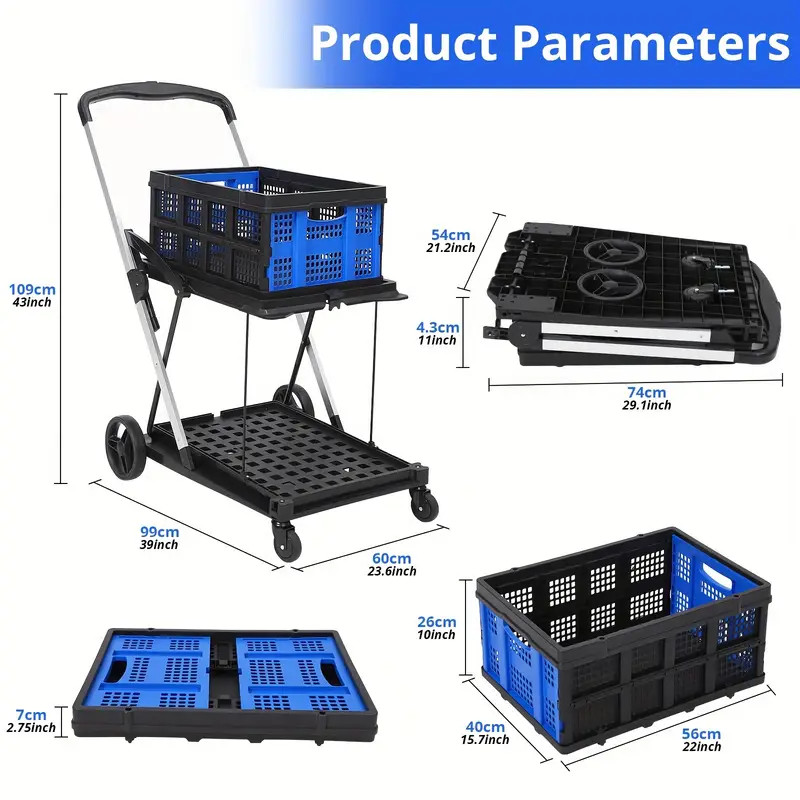 200 lbs Capacious 2-Layer Folding Shopping Cart with Wheels - Collapsible Storage Wagon for Groceries, Sturdy Hand Truck for Everyday Hauling