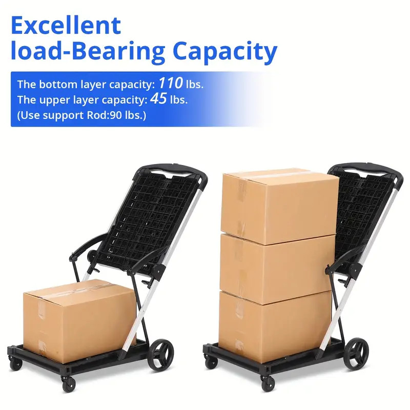 200 lbs Capacious 2-Layer Folding Shopping Cart with Wheels â€“ Collapsible Storage Wagon for Groceries, Sturdy Hand Truck for Everyday Hauling