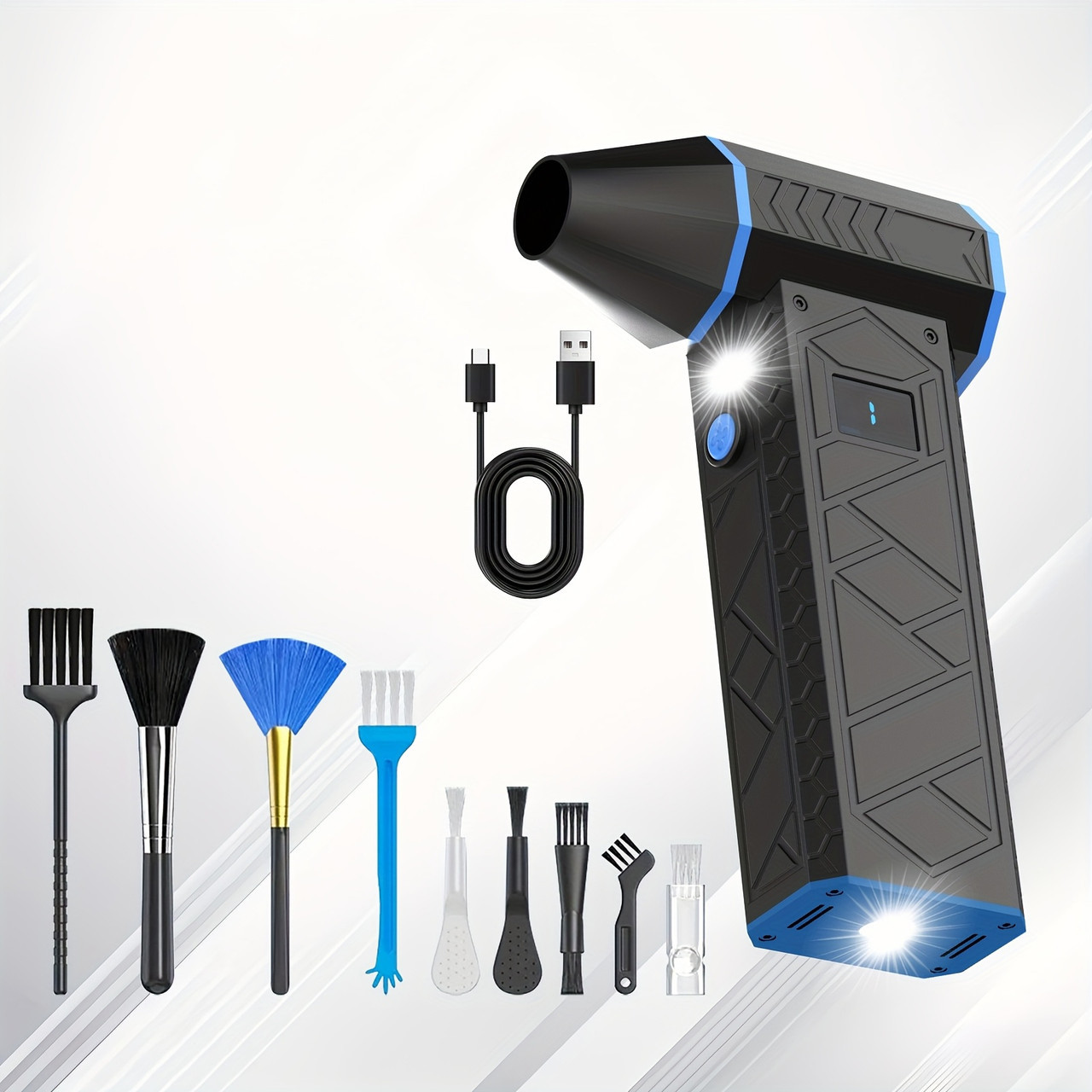 Versatile 4-Speed Cordless Turbo Fan Air Duster - USB Rechargeable, Powerful 100W Electric Compressed Jet Blower with Digital Display, Includes Multiple Nozzles for Keyboards, Cars, Home & Outdoor Use, Turbo Jet Blower Blue Color