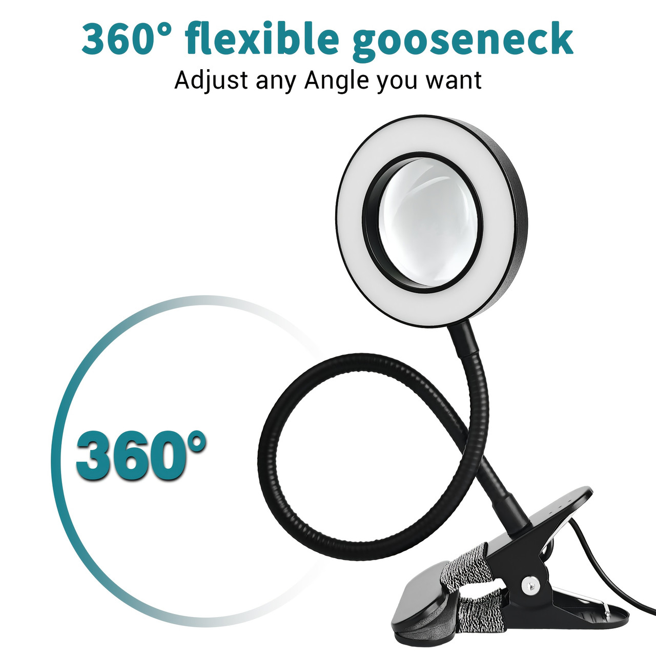 2pcs, 5X Magnifying Glass Lamp With Light Magnifier Light With Clip, Adjustable Flexible Gooseneck, 3 Color Modes Magnifying Lamp With USB Powered, Hands Free Desk Lamp For Hobbies, Crafts, Reading And Close Work Black