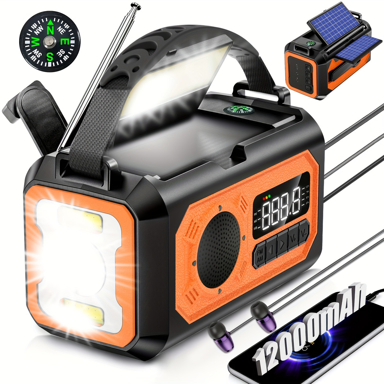 Emergency Weather Radio 12000mAh Portable Emergency Weather Radio - Hand Crank Radio AM/FM/NOAA Radio Solar Radio - 2 Solar Panels, 3 Charging Methods, SOS Alarm, 3 Modes Flashlight, Mobile Phone Charger, Reading Light Orange