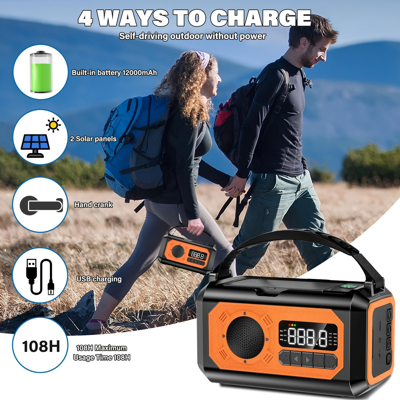 Emergency Weather Radio 12000mAh Portable Emergency Weather Radio - Hand Crank Radio AM/FM/NOAA Radio Solar Radio - 2 Solar Panels, 3 Charging Methods, SOS Alarm, 3 Modes Flashlight, Mobile Phone Charger, Reading Light Orange