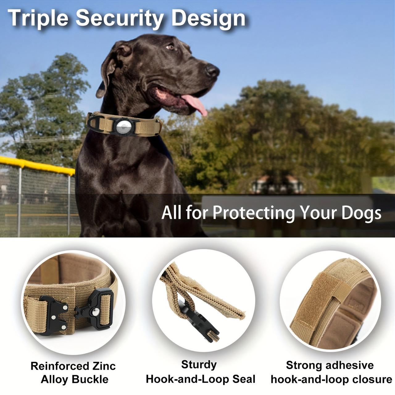 Medium To Large Dogs Soft Nylon Tactical Dog Collar For AirTag, Heavy Duty, Compatible With AirTag Retainer Khaki