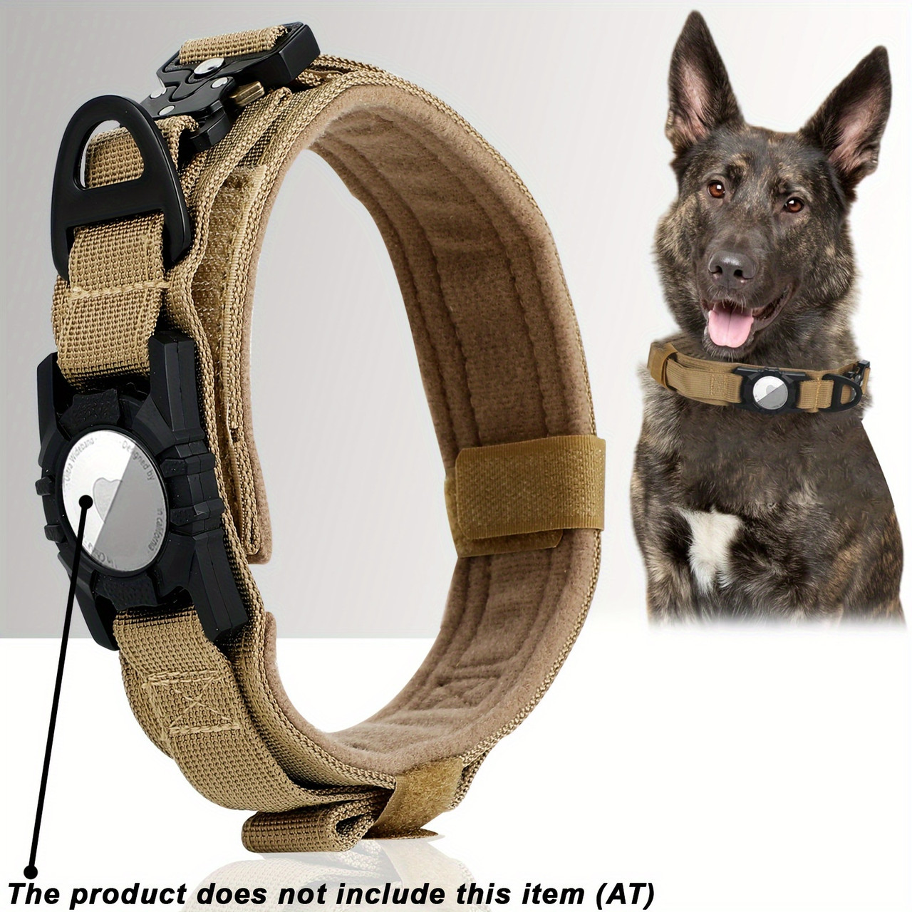 Medium To Large Dogs Soft Nylon Tactical Dog Collar For AirTag, Heavy Duty, Compatible With AirTag Retainer Khaki
