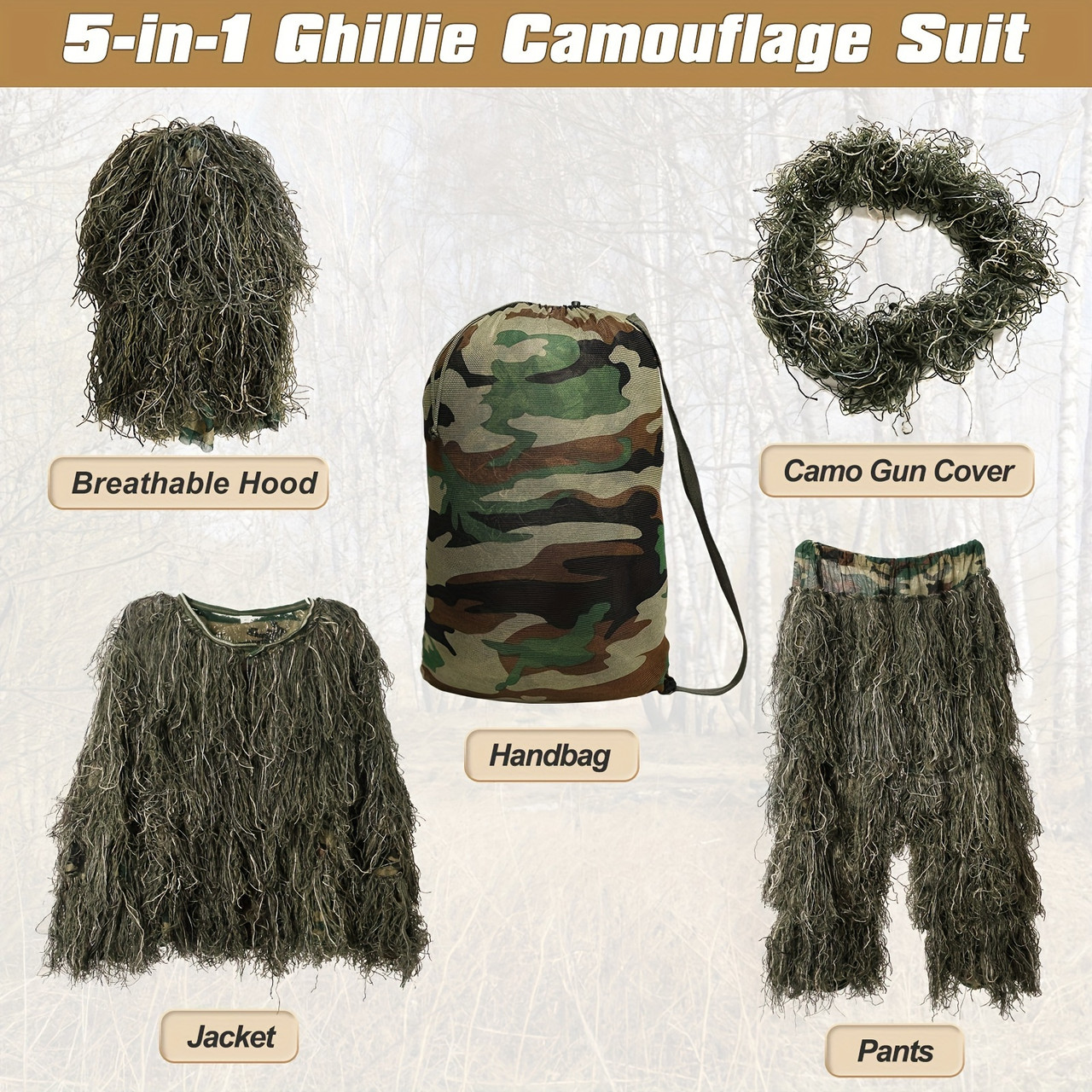 5 In 1 Ghillie Suit, 3D Camouflage Hunting Apparel Including Jacket, Pants, Hood, Carry Bag, For Outdoors, Hunting Gear Or Tactical Simulation Size S-M