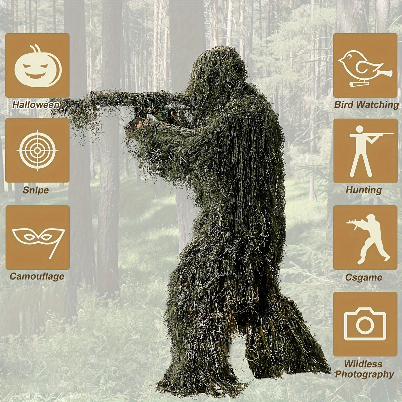 5 In 1 Ghillie Suit, 3D Camouflage Hunting Apparel Including Jacket, Pants, Hood, Carry Bag, For Outdoors, Hunting Gear Or Tactical Simulation Size S-M