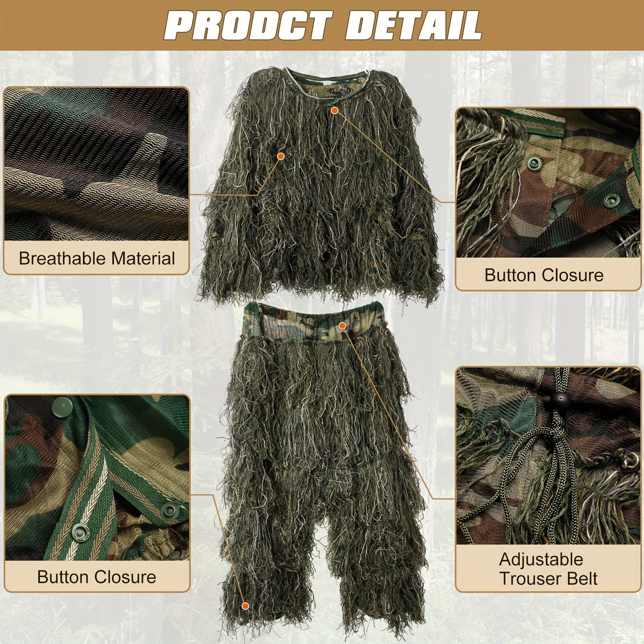 5 In 1 Ghillie Suit, 3D Camouflage Hunting Apparel Including Jacket, Pants, Hood, Carry Bag, For Outdoors, Hunting Gear Or Tactical Simulation Size S-M