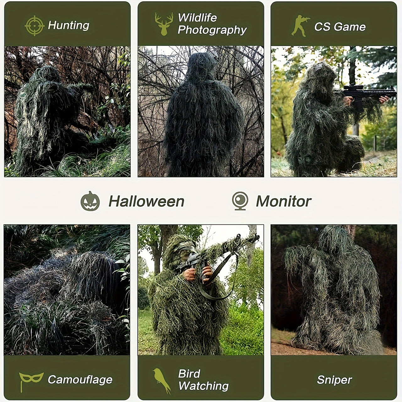 5 In 1 Ghillie Suit, 3D Camouflage Hunting Apparel Including Jacket, Pants, Hood, Carry Bag, For Outdoors, Hunting Gear Or Tactical Simulation Size S-M