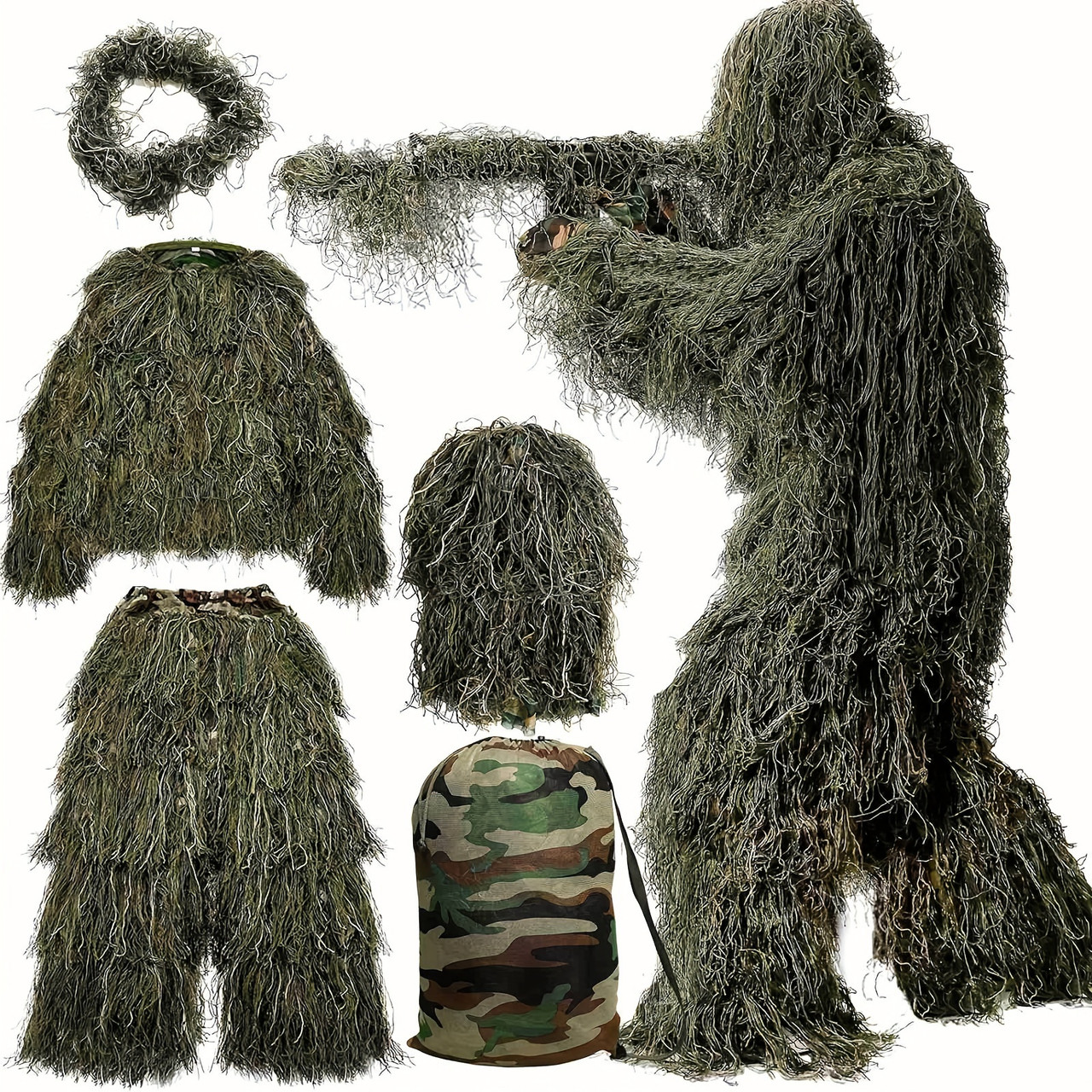 5 In 1 Ghillie Suit, 3D Camouflage Hunting Apparel Including Jacket, Pants, Hood, Carry Bag, For Outdoors, Hunting Gear Or Tactical Simulation Size S-M