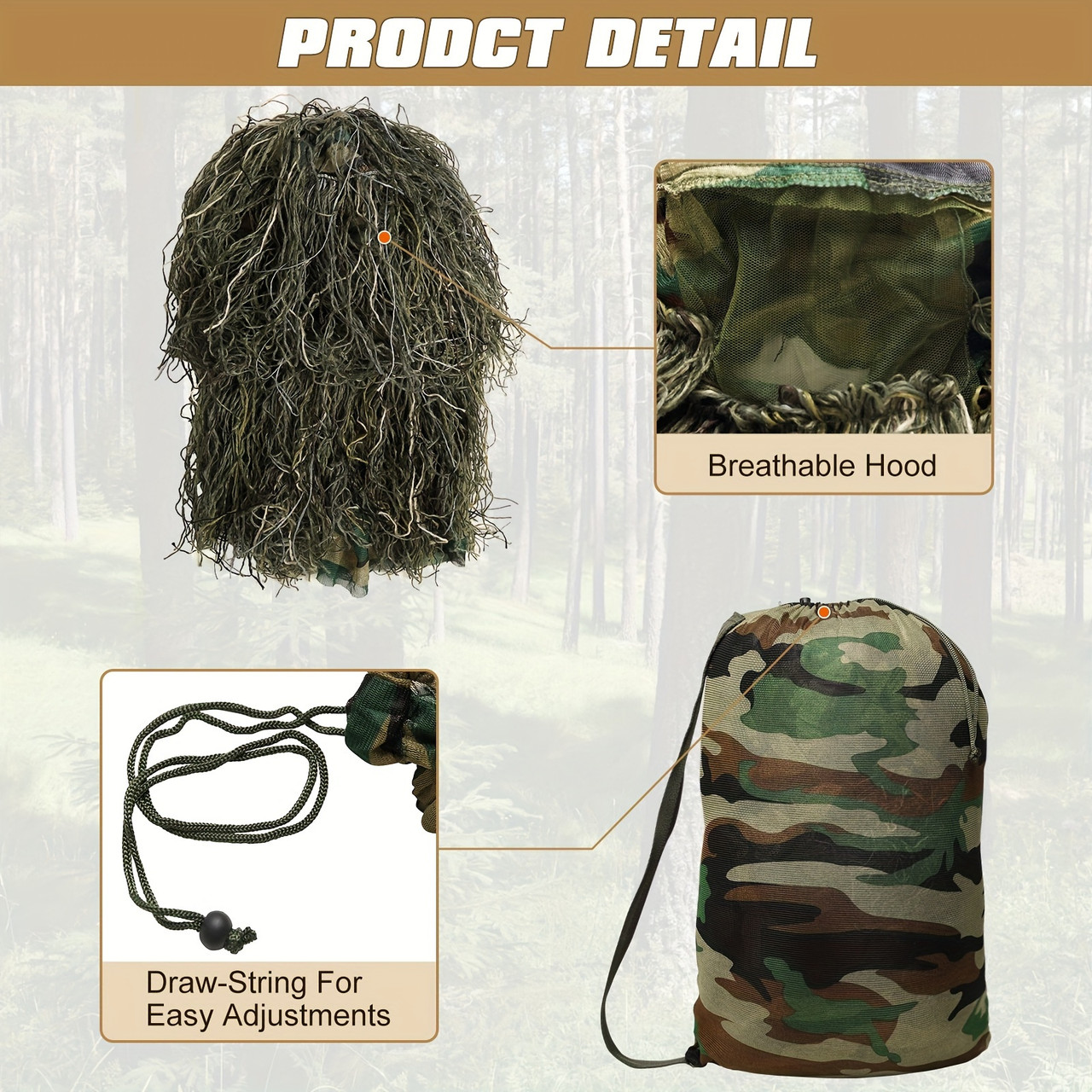 5 In 1 Ghillie Suit, 3D Camouflage Hunting Apparel Including Jacket, Pants, Hood, Carry Bag, For Outdoors, Hunting Gear Or Tactical Simulation Size XL-XXL