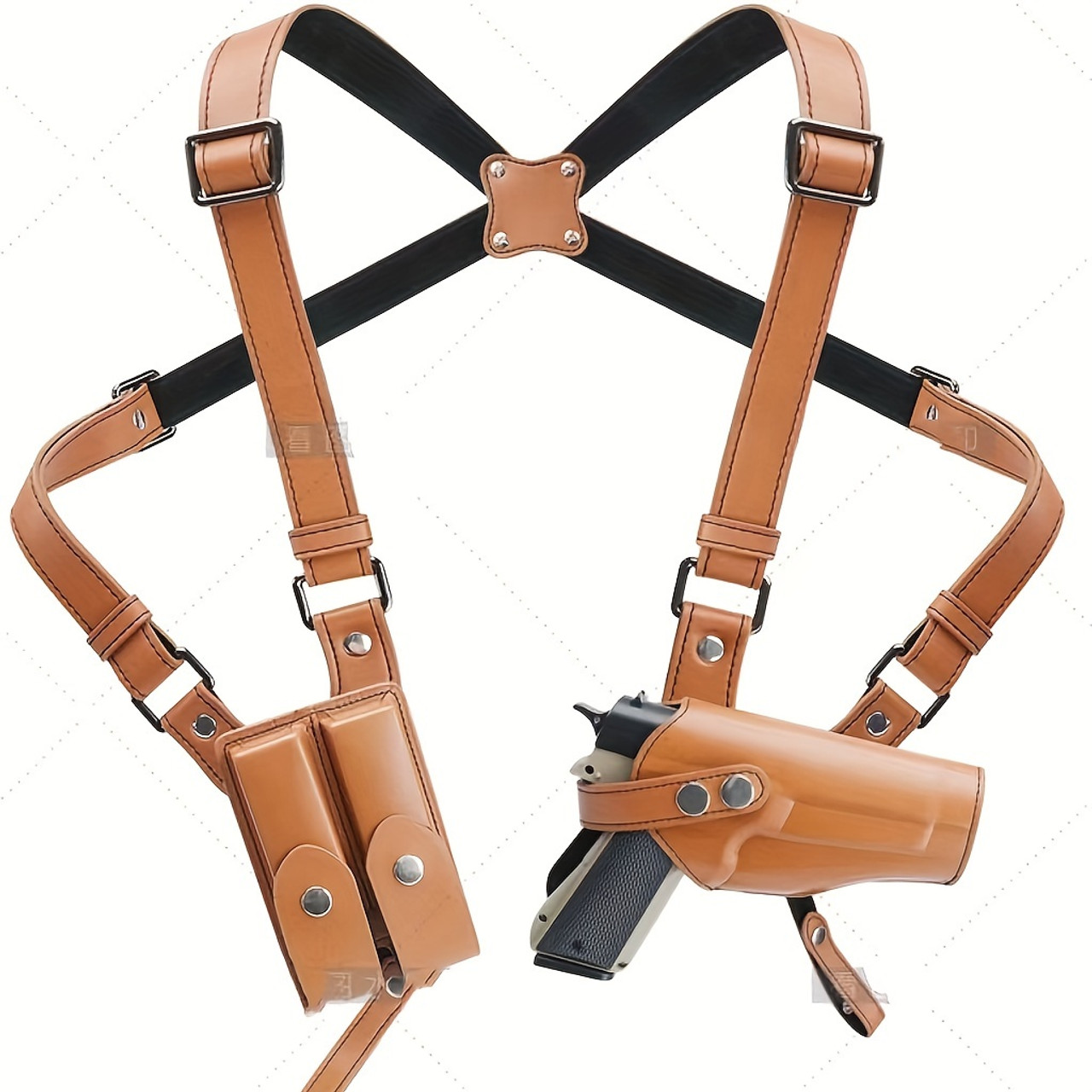 Double Mag Pouches Concealed Holster Vertical Shoulder Holster With Double Magzine Pouches, Adjustable Concealed Carry Shoulder Holster For Men Brown