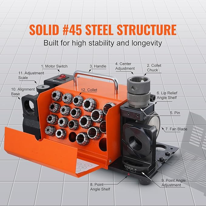 Drill Bits Sharpener, 3-20mm Drill Bits Grinder Sharpener, Lip Relief Angle & 95Â°-135Â° Point Angle Adjustable Drill Bit Re-Sharpener, Portable Sharpening Machine with 18 Collets, CBN & SDC Wheel MR-20G