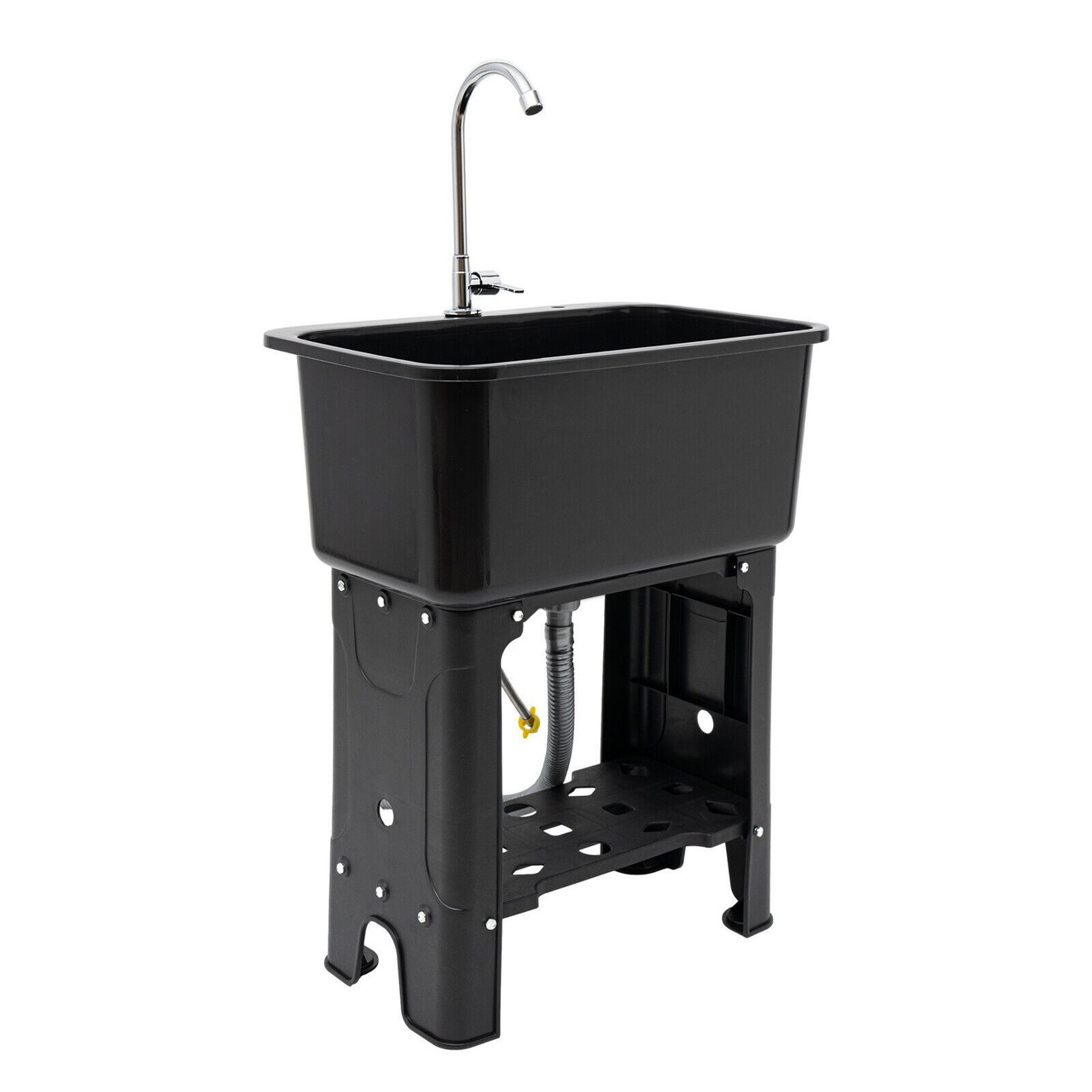 Modern Black Freestanding Utility Sink with 360Â° Swivel Faucet, Storage Shelf & Washboard - Perfect for Bathroom & Laundry Room, Contemporary Style