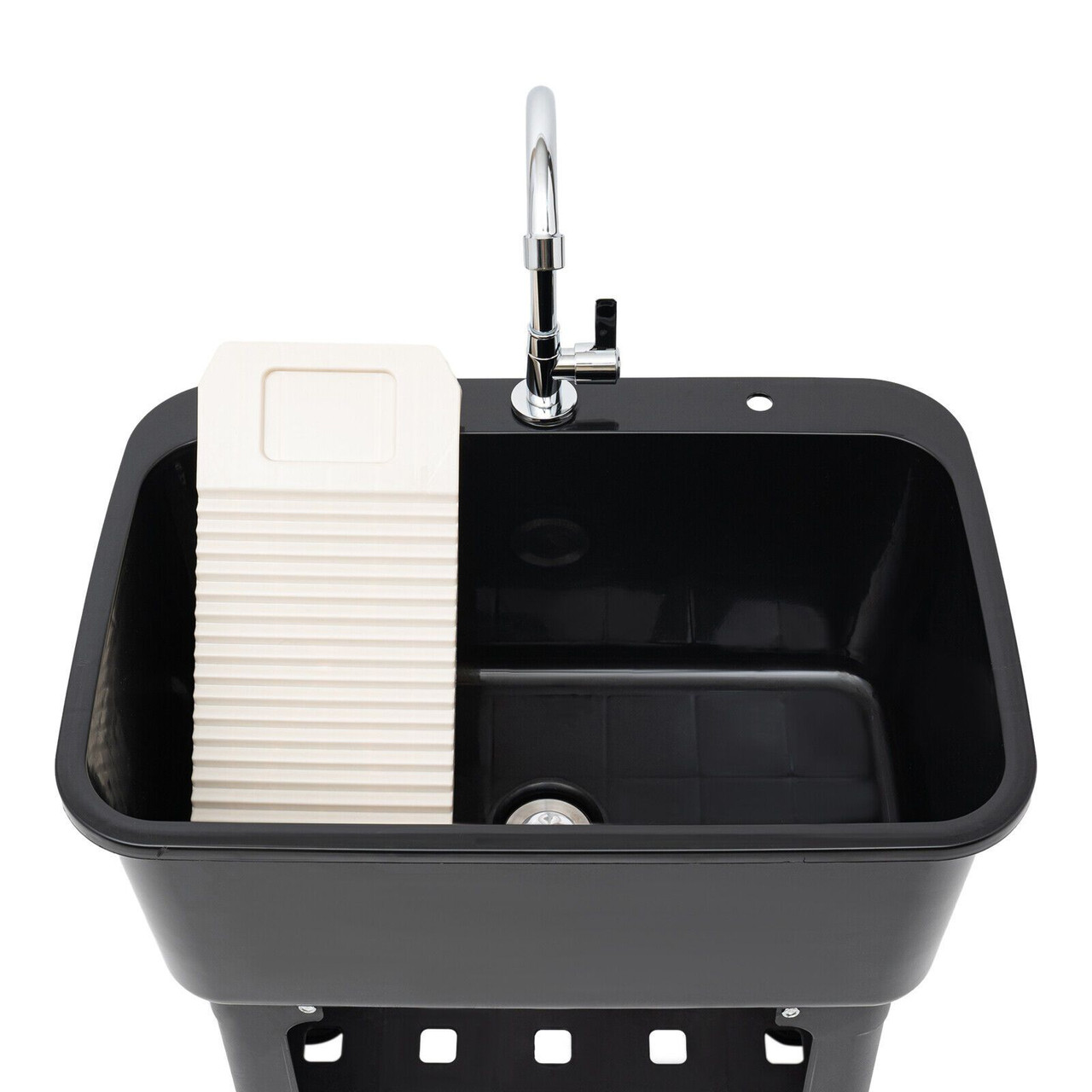 Modern Black Freestanding Utility Sink with 360Â° Swivel Faucet, Storage Shelf & Washboard - Perfect for Bathroom & Laundry Room, Contemporary Style