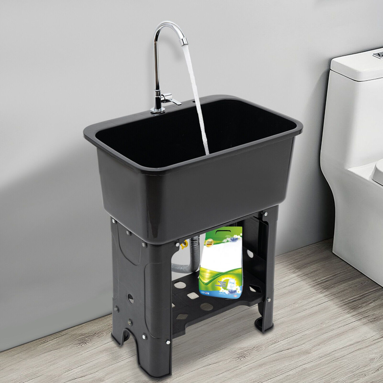 Modern Black Freestanding Utility Sink with 360Â° Swivel Faucet, Storage Shelf & Washboard - Perfect for Bathroom & Laundry Room, Contemporary Style