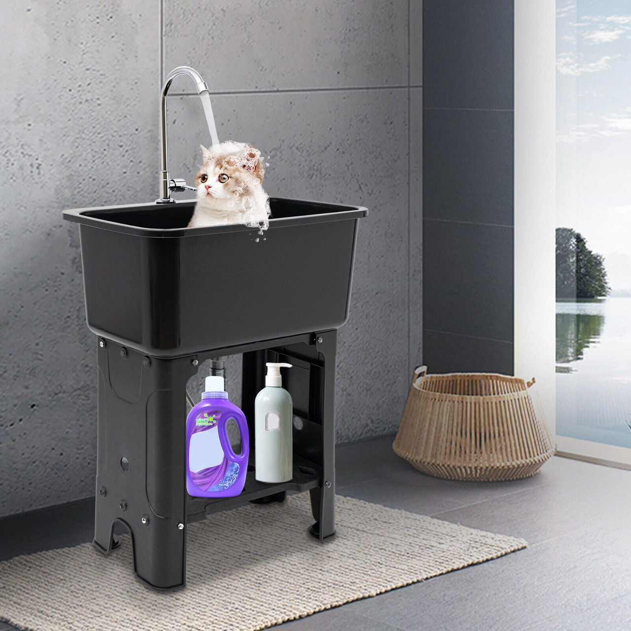 Modern Black Freestanding Utility Sink with 360Â° Swivel Faucet, Storage Shelf & Washboard - Perfect for Bathroom & Laundry Room, Contemporary Style