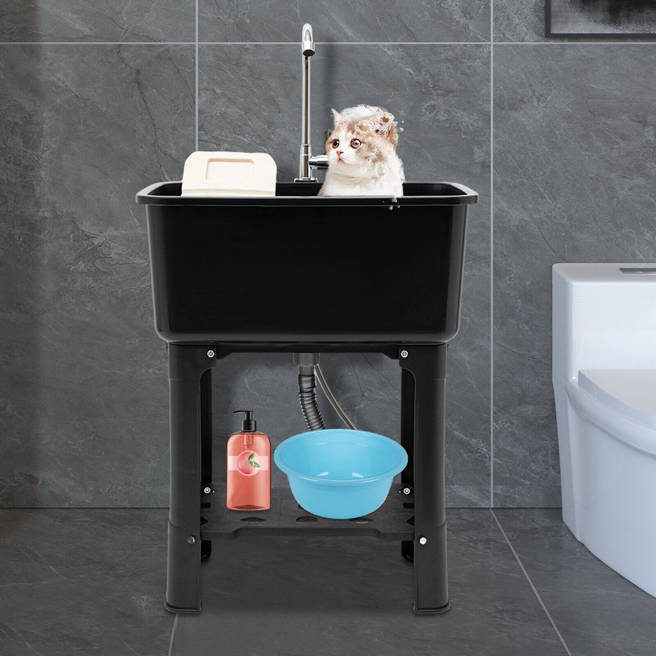 Modern Black Freestanding Utility Sink with 360Â° Swivel Faucet, Storage Shelf & Washboard - Perfect for Bathroom & Laundry Room, Contemporary Style